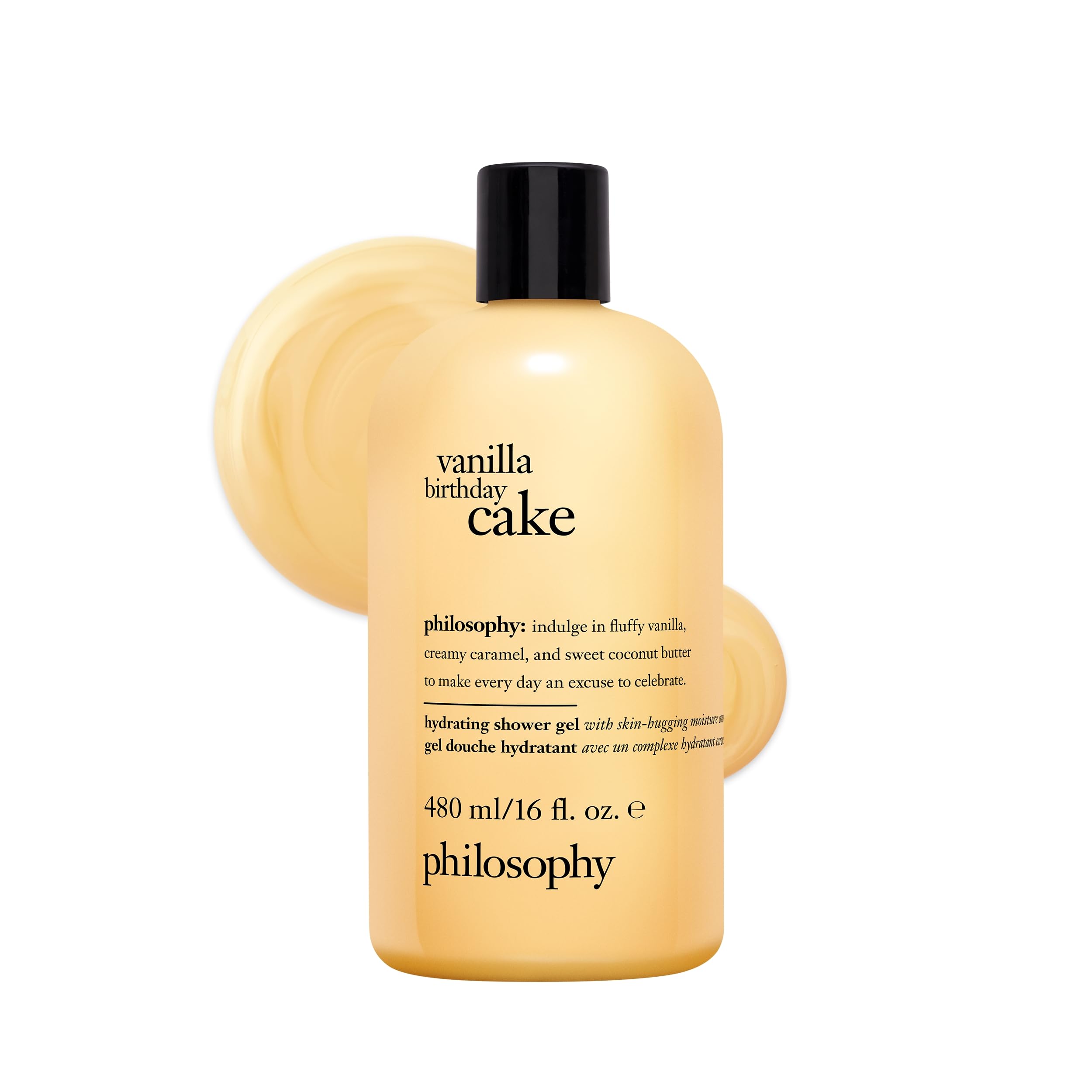 Philosophy Vanilla Birthday Cake Shower Gel 16 oz bottle, creamy vanilla scent, skin cleaning product with a white and beige label.