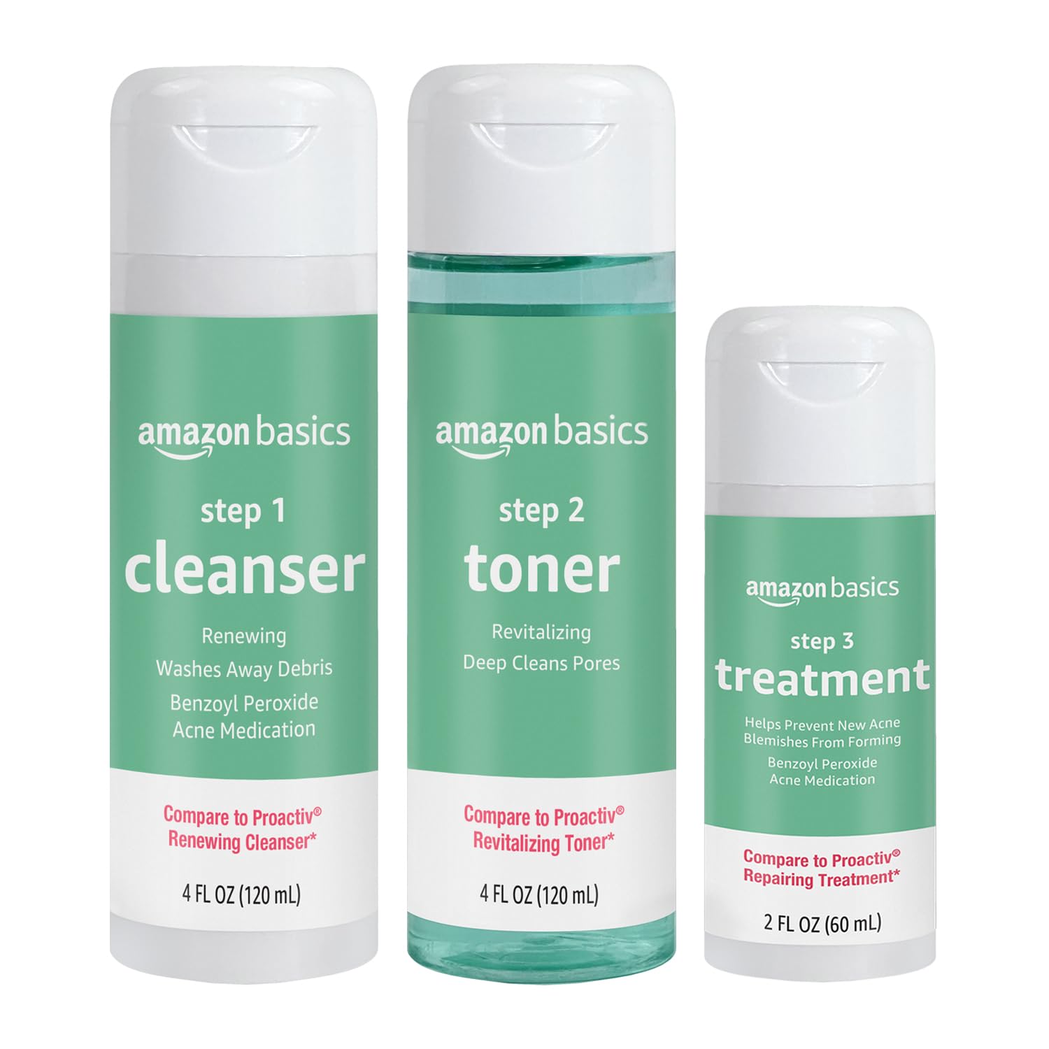 Amazon Basics 3-step acne remedy system bottle, clear liquid skincare agent for acne treatment in 10 fl oz size