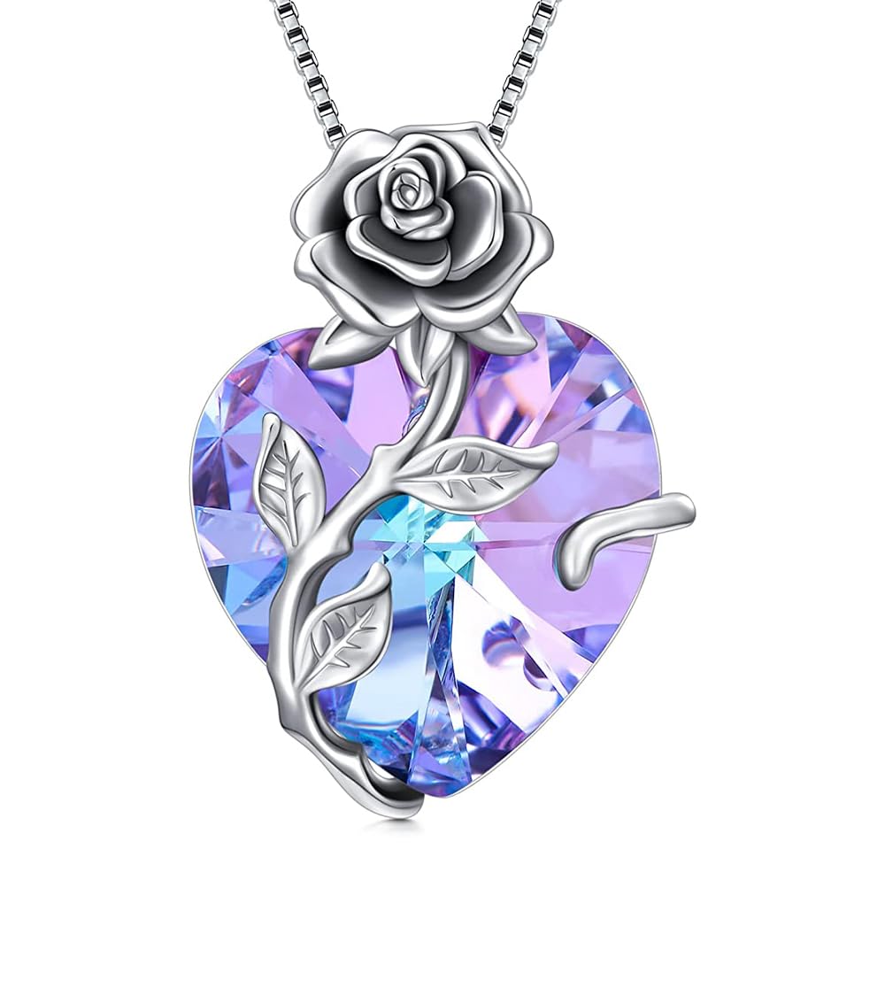 OCJ Birthstone Necklace for Women 925 Sterling Silver Rose Flower Heart Birthstones Pendant Necklace Fine Jewelry Annive