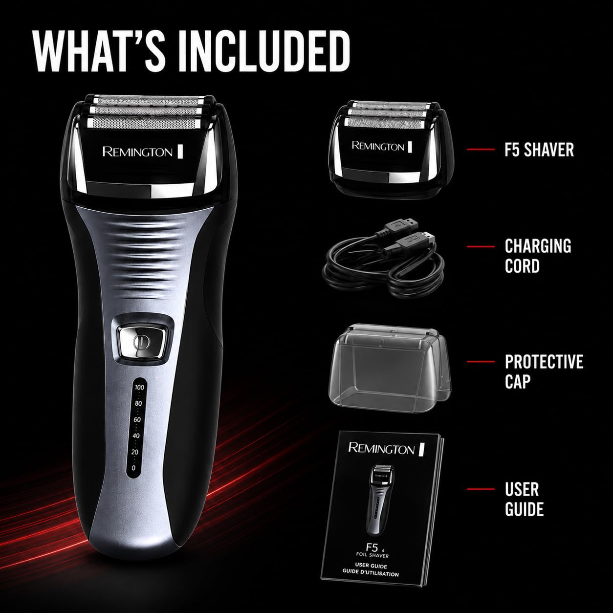 Remington F5 Power Series electric foil shaver for men, cordless rechargeable razor with a sleek design and precision foil head.