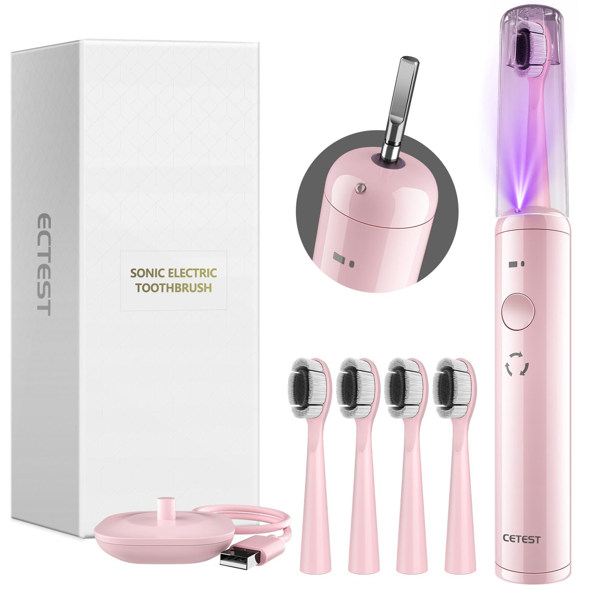 ECTEST Sonic Electric Toothbrush with Light 4 Brush Heads for Adults and Kids, One Charge for 60 Days, Wireless Fast Cha