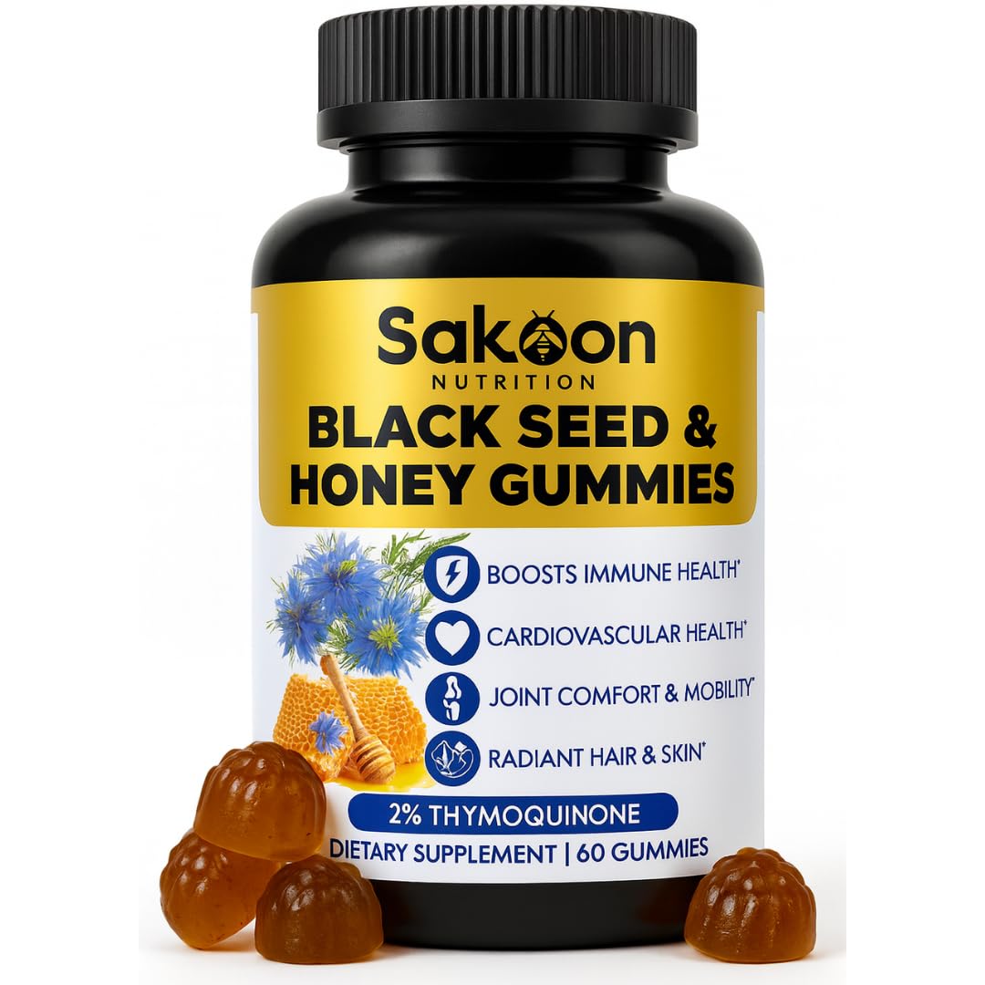 Sakoon Nutrition Black Seed Oil Gummies with Honey – Black Cumin Seed Oil (Nigella Sativa) with 2%+ Thymoquinone – Immune, Joint, Digestion, Hair & Skin Support – 60 Halal Gummies