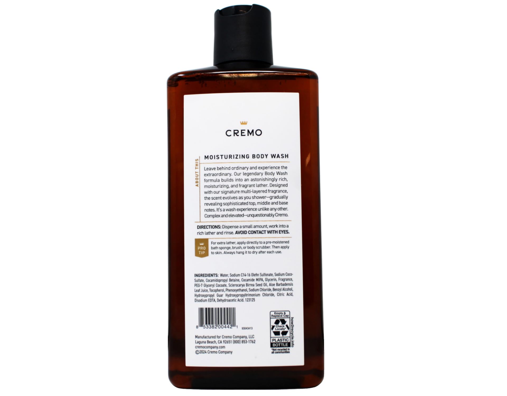 Cremo Bourbon & Oak body wash bottles, 16 oz each, in a pack of three, featuring a dark bottle with brand and scent details.