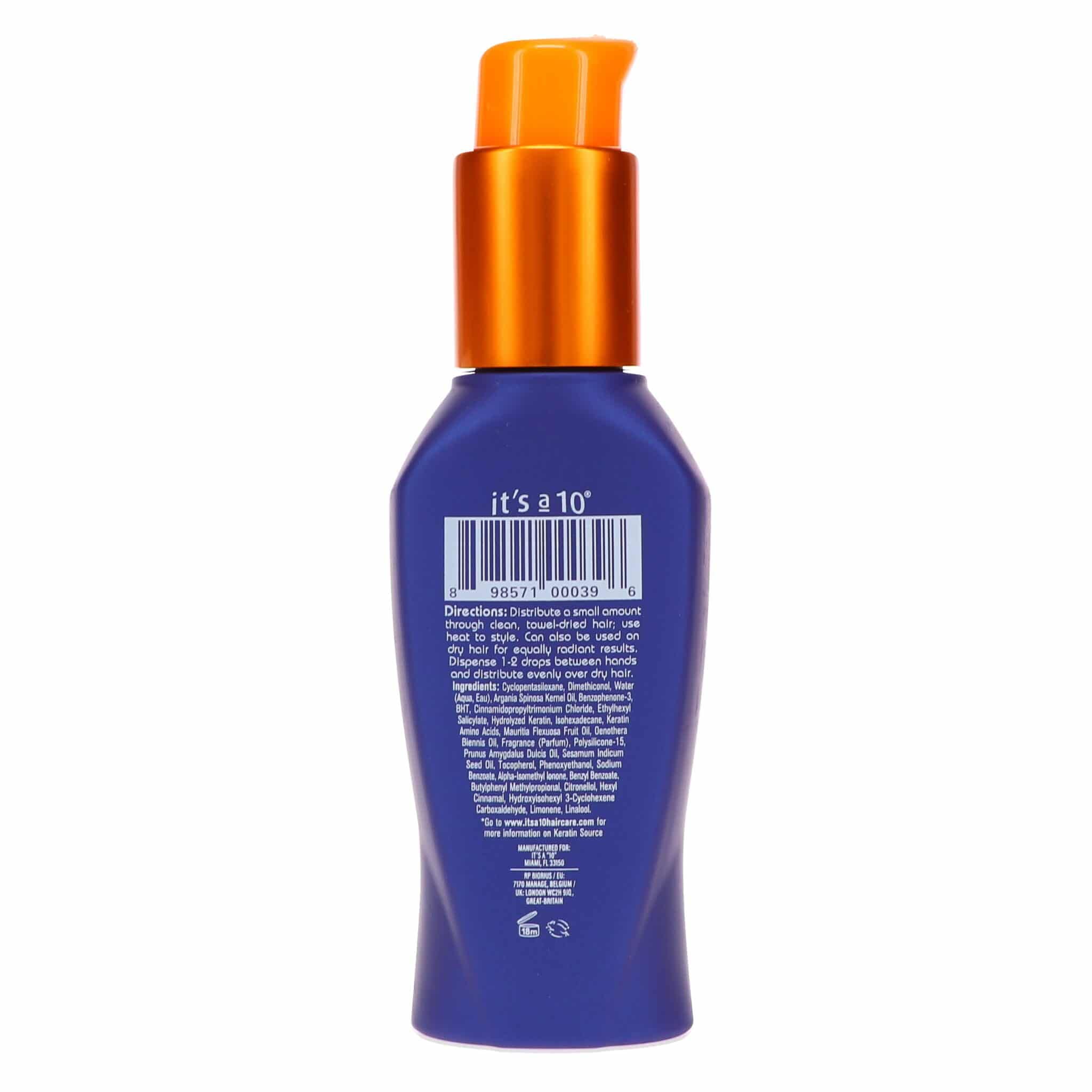 It's A 10 Miracle Oil Plus Keratin hair styling agent bottle with a sleek 3 oz size from It's a 10 Haircare.