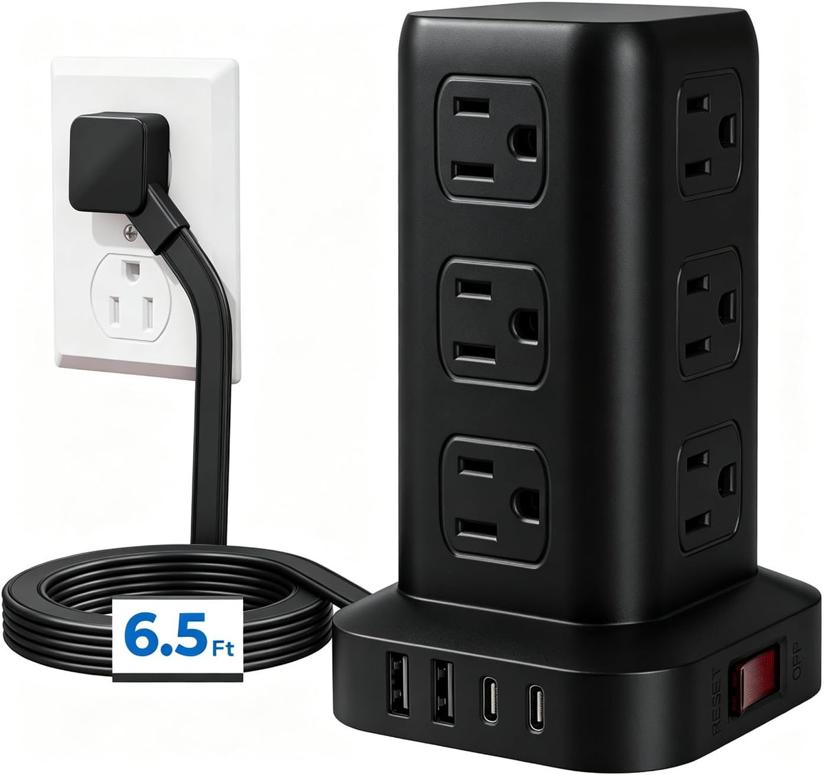 SMALLRT Power Strip 6.5 FT Cord, Power Strip Tower with 4 USB Ports (2USB C), Extension Cord with 12 AC Multiple Outlets