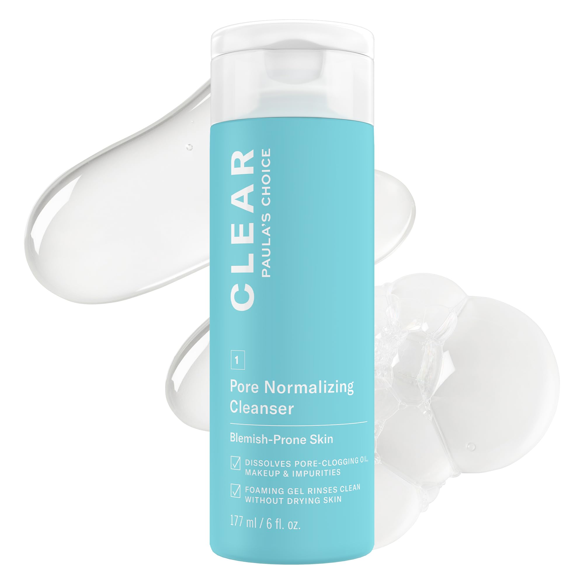 Paula's Choice CLEAR Pore Normalizing Acne Facial Cleanser in a 6 fl oz bottle, showing the product with its label and clean packaging.