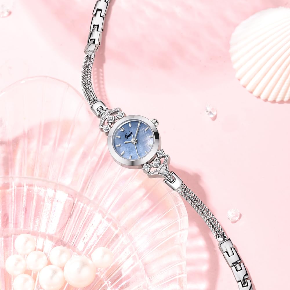 CARLIEN Womens Small Elegant Simple Luxury Rhinestone Pearl Dial Quartz Watch Lightweight Alloy Steel Mesh Strap Fashion