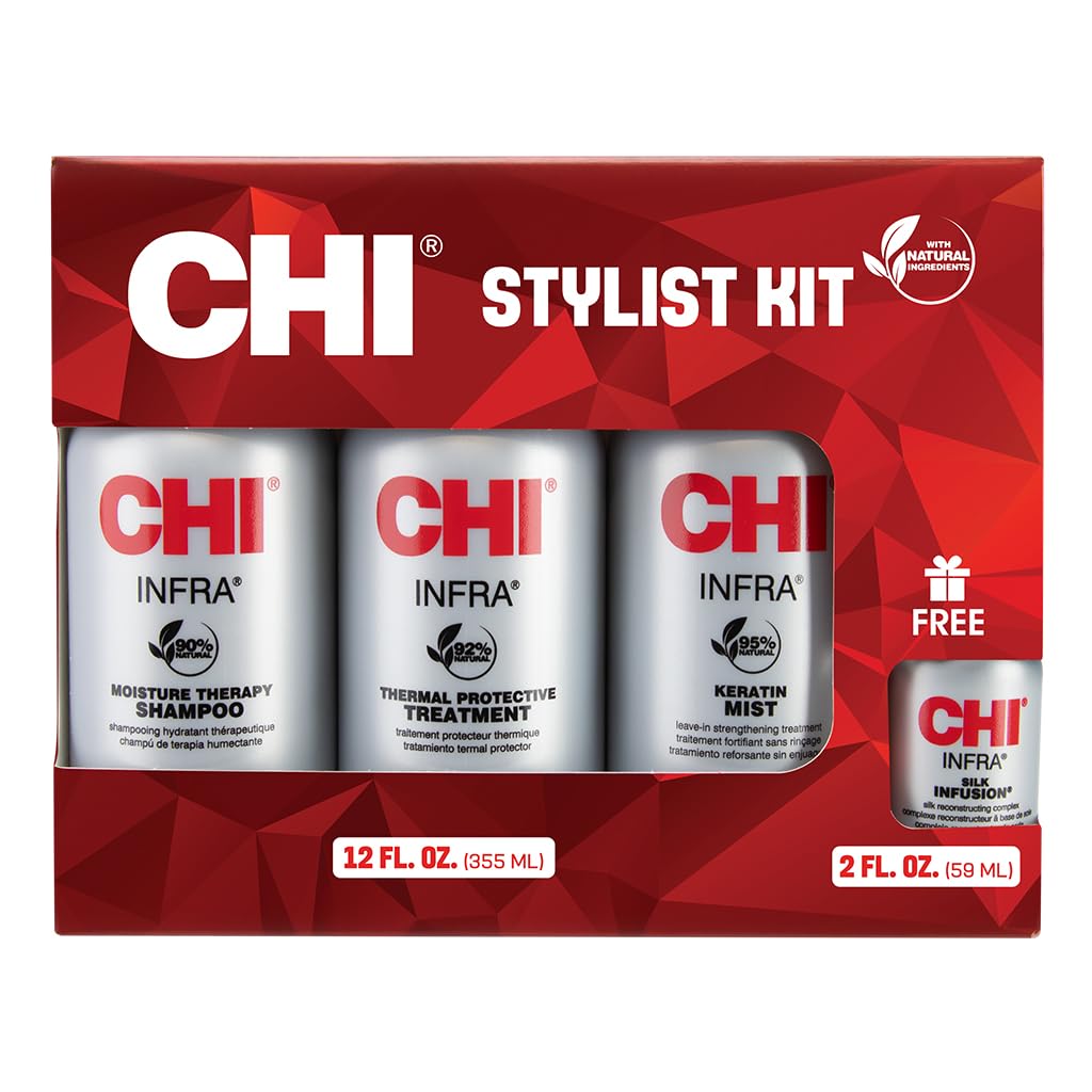 CHI Home Stylist Kit with Infra 4-piece hair care set, featuring a hair cleaner and conditioner in sleek packaging.