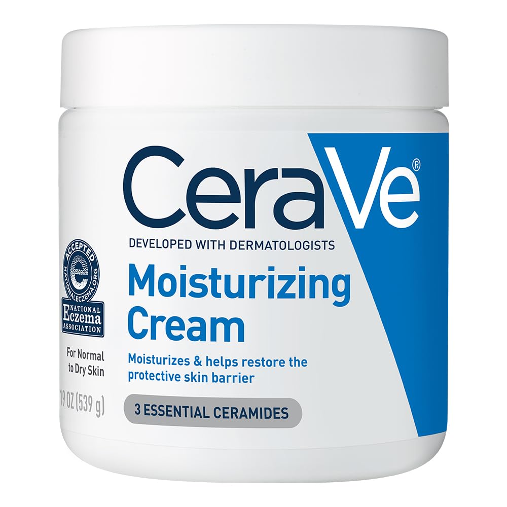 CeraVe Moisturizing Cream 19oz jar for dry skin, showing the label and creamy texture suitable for face and body hydration.