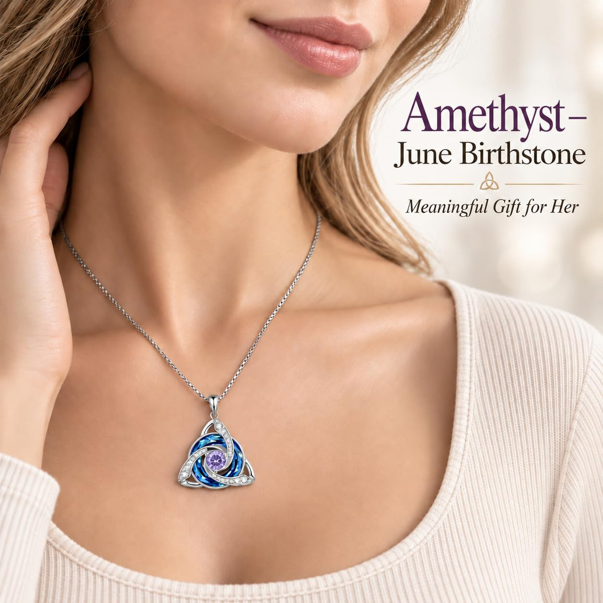 HOTIE Celtic Birthstone Necklace for Women, S925 Sterling Silver Trinity Knot – packaging and label