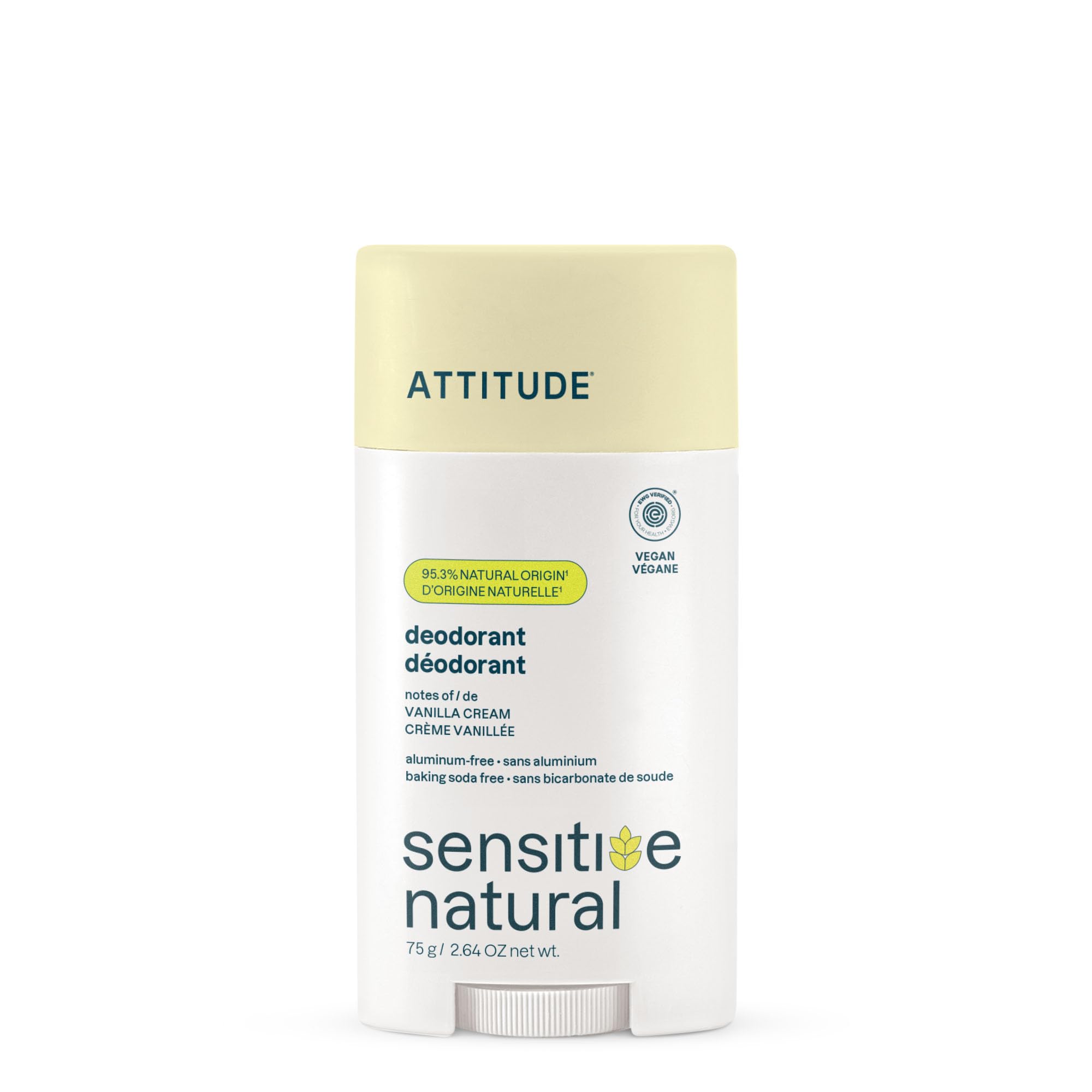 ATTITUDE Sensitive Natural Deodorant in Vanilla Cream, 2.64 oz, showing the sleek container and vanilla-scented formula.