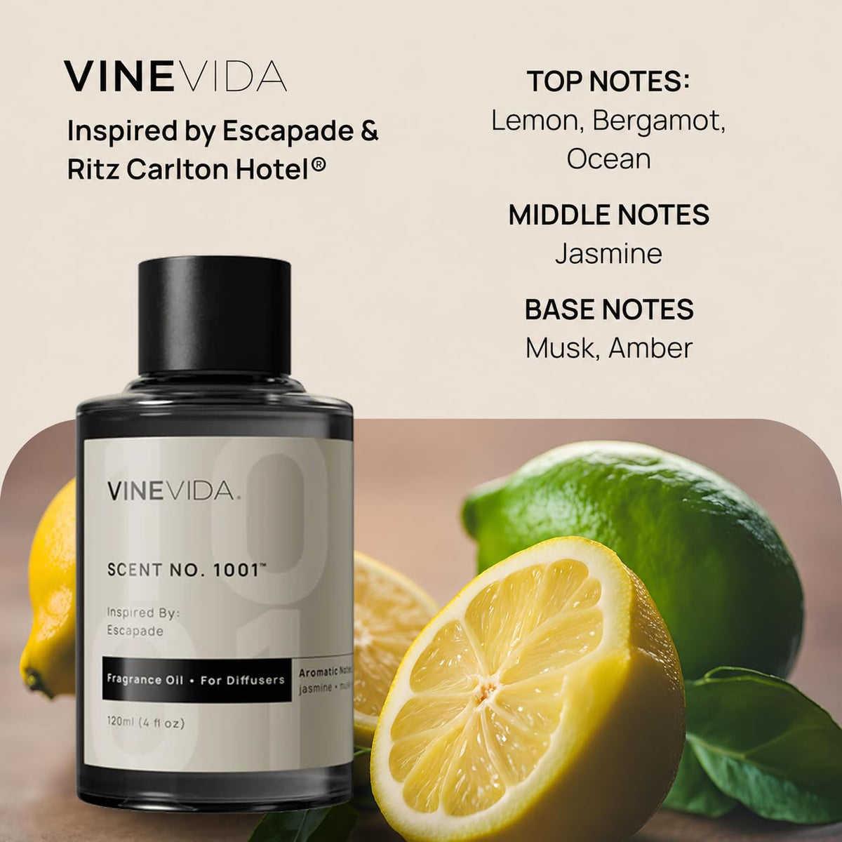 VINEVIDA Waterless Aroma Diffuser for Home | Hotel Scent Included – back view and specifications