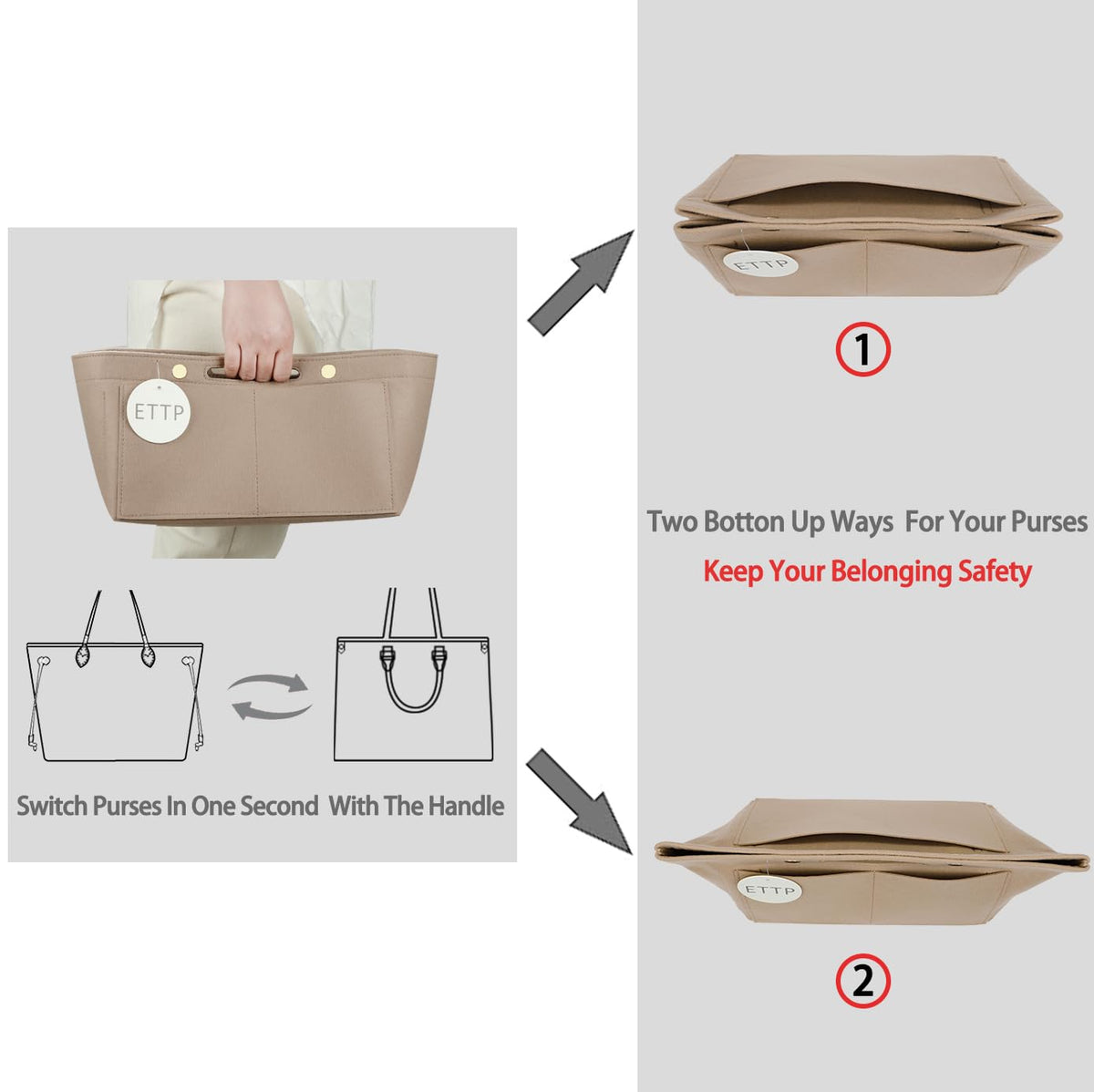 ETTP Purse Organizer Insert For Handbags, Felt Tote Bag Organizer Insert, Handbag Organizer, Compatible with Neverful Sp