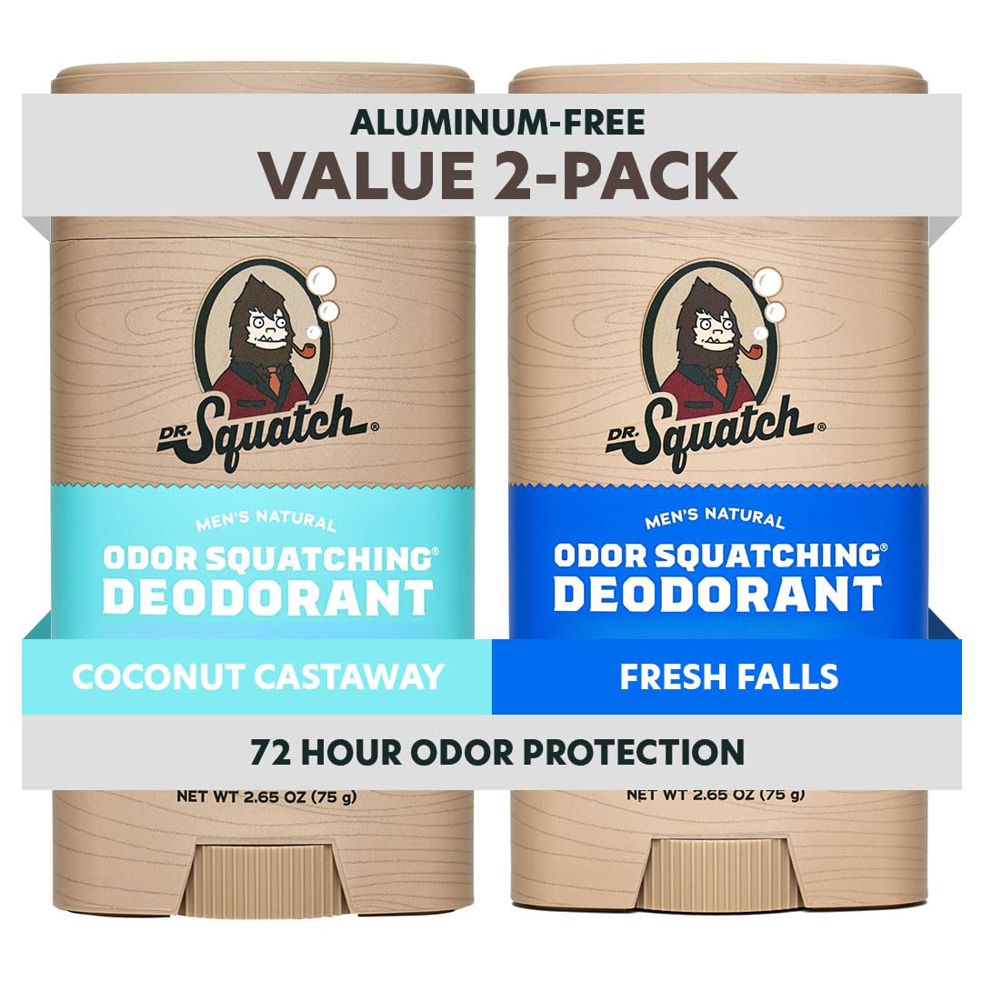 Dr. Squatch natural deodorant 2-pack featuring Coconut Castaway and Fresh Falls scents, in sleek containers with labels visible.