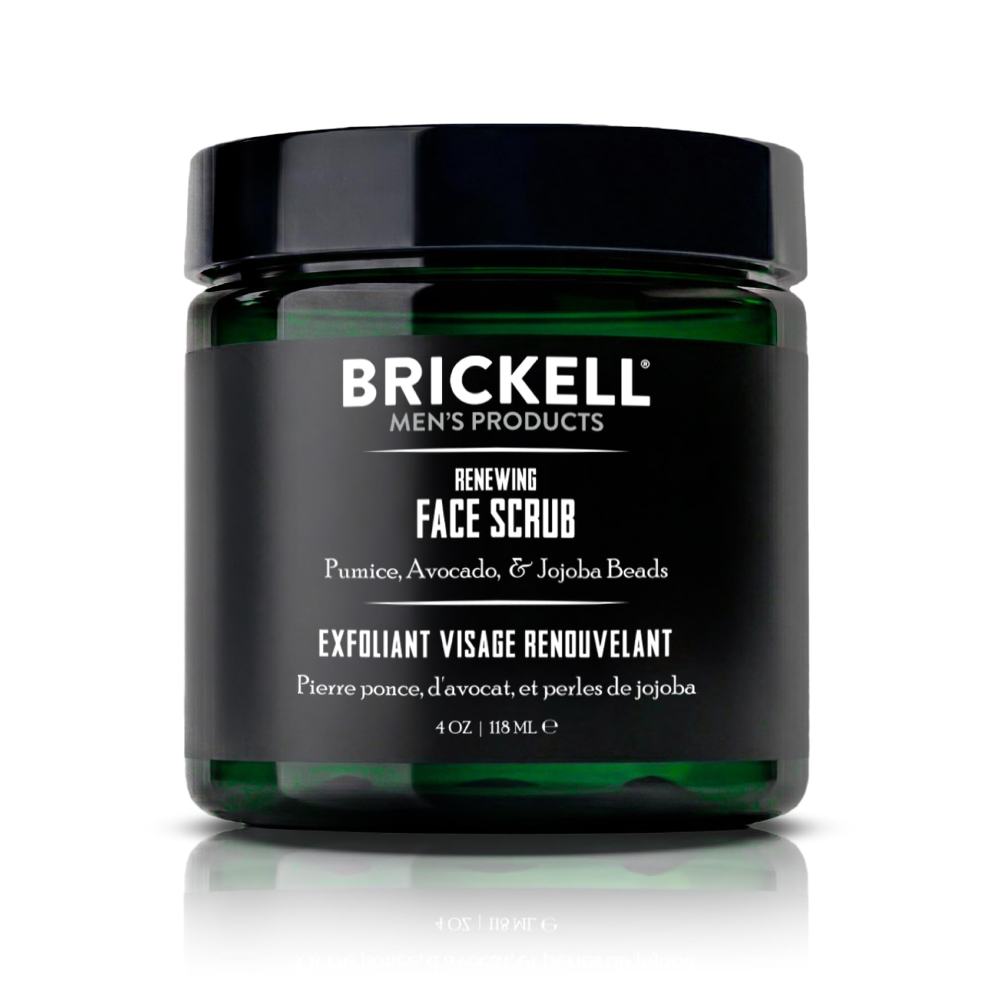 Brickell Men's Renewing Face Scrub with pumice, caffeine, and jojoba beads, deep exfoliating skin exfoliant for men in 4 oz jar.
