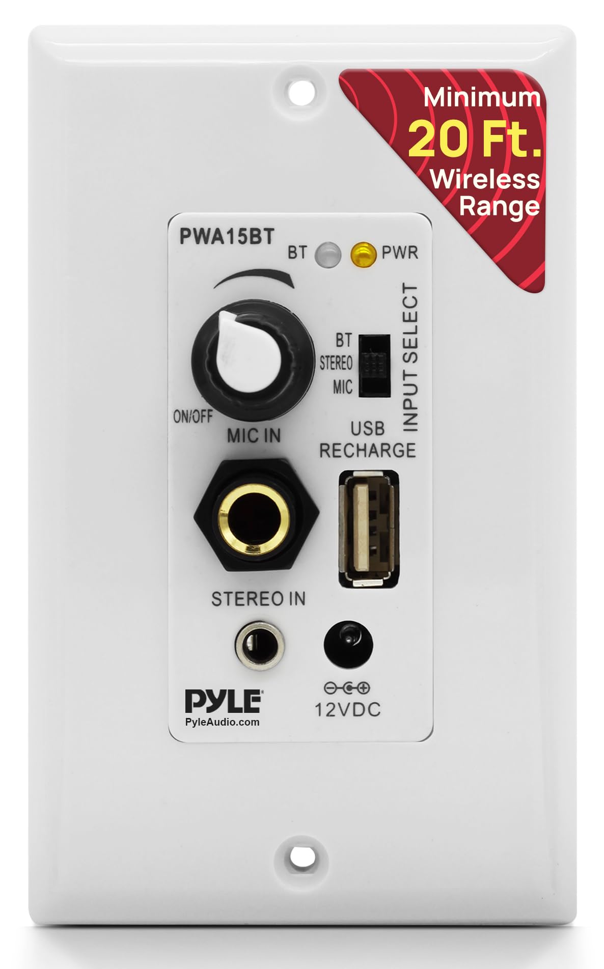 Pyle Wireless BT Receiver Wall Mount - 100W In-Wall Audio Control Receiver w/ Built-in Amplifier, USB/Microphone/Aux (3.