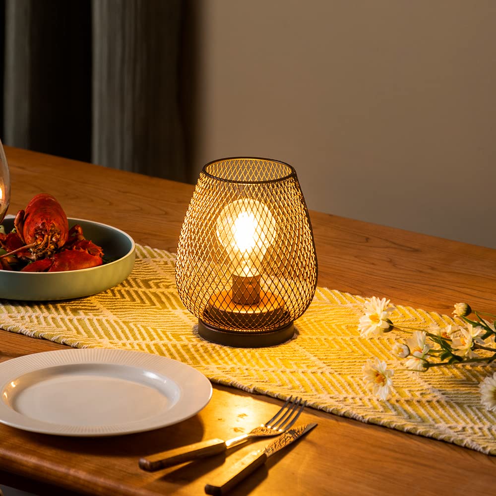 DECORKEY Set of 2 Rechargeable Lamp LED Table Lantern, Brown Metal Cage Cordless Lamps with LED Bulb，Vintage Decorative 