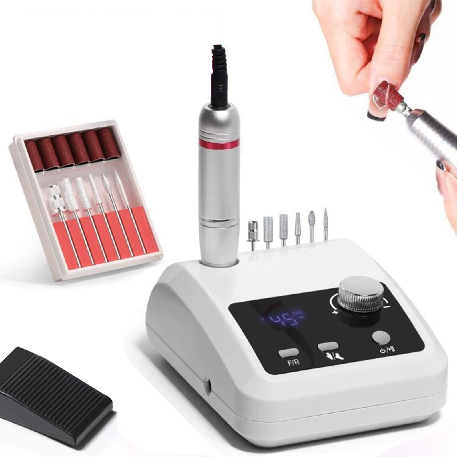Generic multifunctional desktop nail drill with foot pedal, 45000RPM E-file with bits for manicures and pedicures.