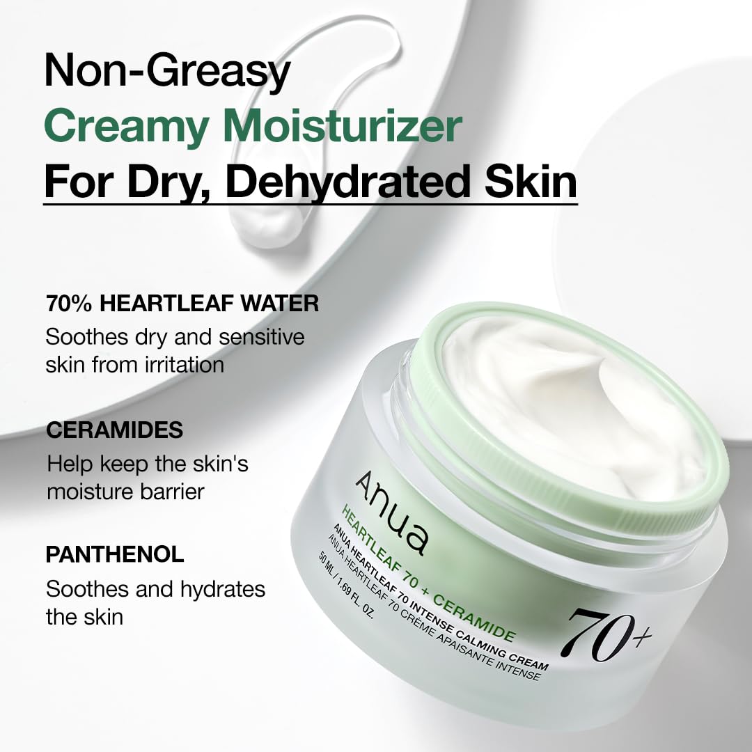ANUA Heartleaf 70 Intense Calming Cream with ceramide, moisturizing skin moisturizer in 1.69 fl oz jar, suitable for sensitive skin.