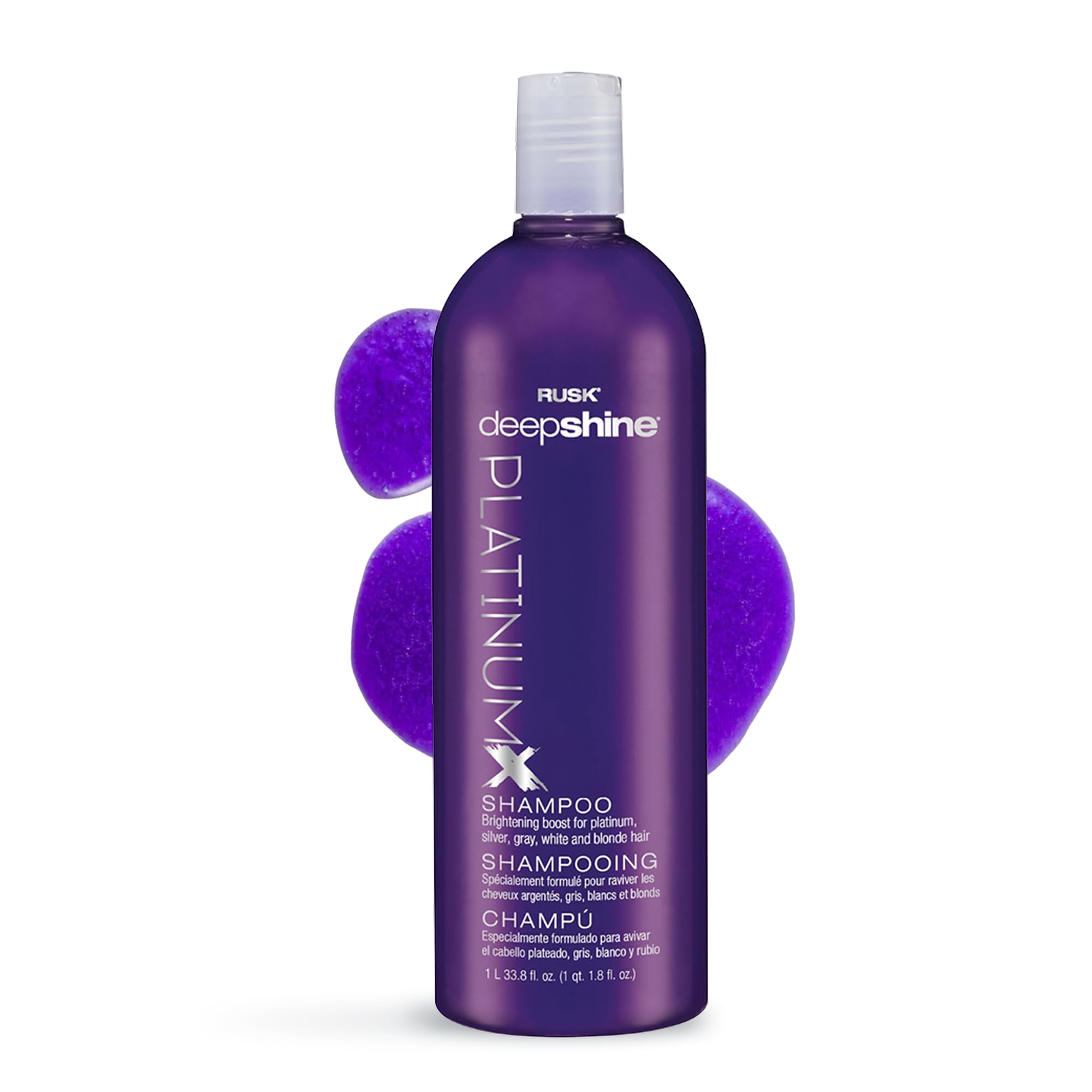 RUSK Deepshine PlatinumX purple shampoo bottle for blonde hair, 33.8 oz, with a sleek purple and silver design.