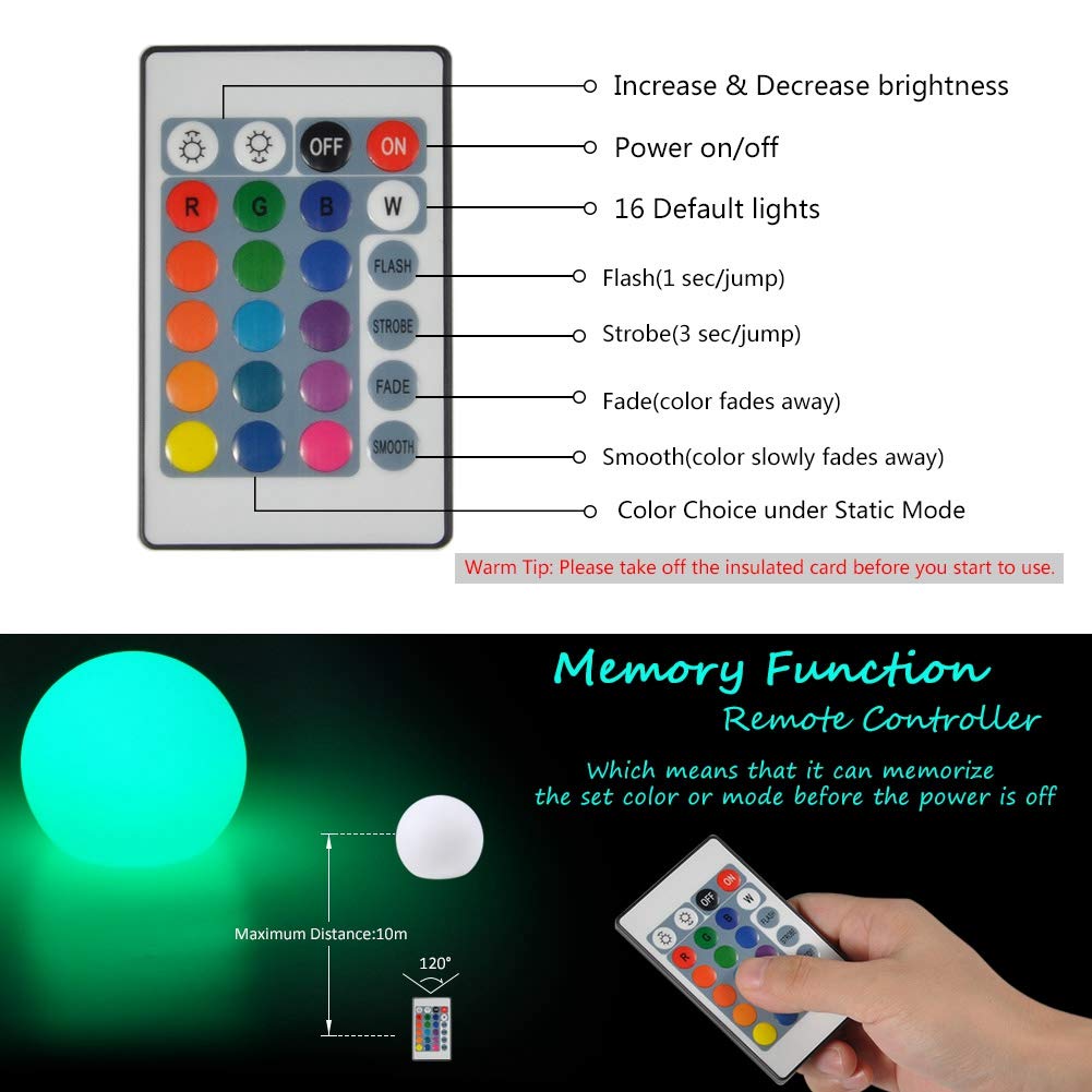 Akozon Rechargeable LED Ball Light with Remote Control - 16 RGB Colors for Bedroom, Party, Istmas, Halloween and Outdoor