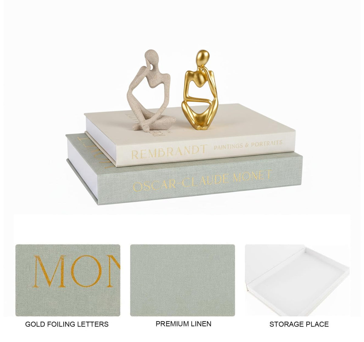 NexGrit Decorative Book Boxes with Hidden Storage & Thinker Sculptures – Sage green, beige, sandstone, and gold, Linen, 