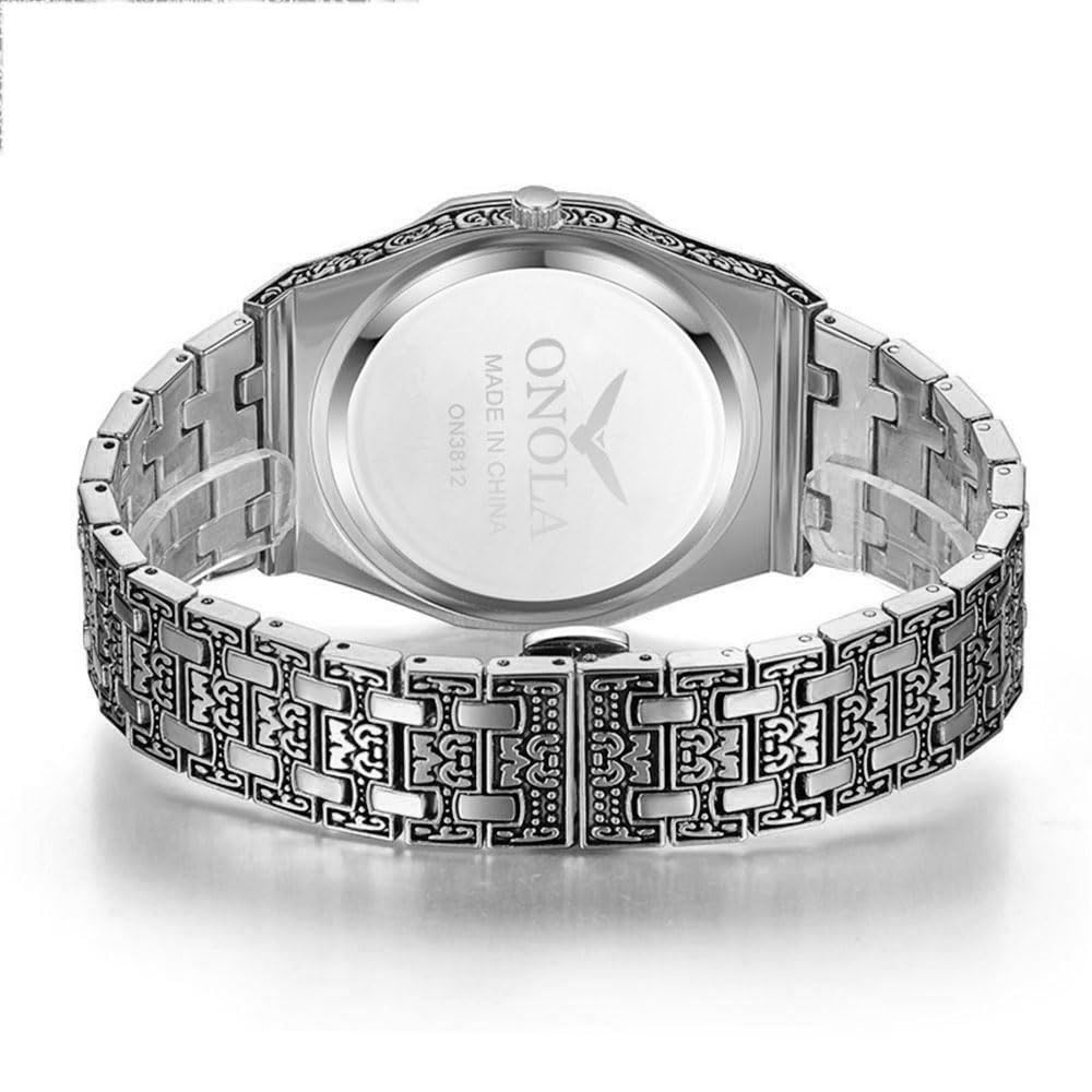 HUNRUY Retro Watches for Men Quartz Watches Tattoo Pattern Carved Stainless Steel Bracelet Waterproof Wrist Watch – pack