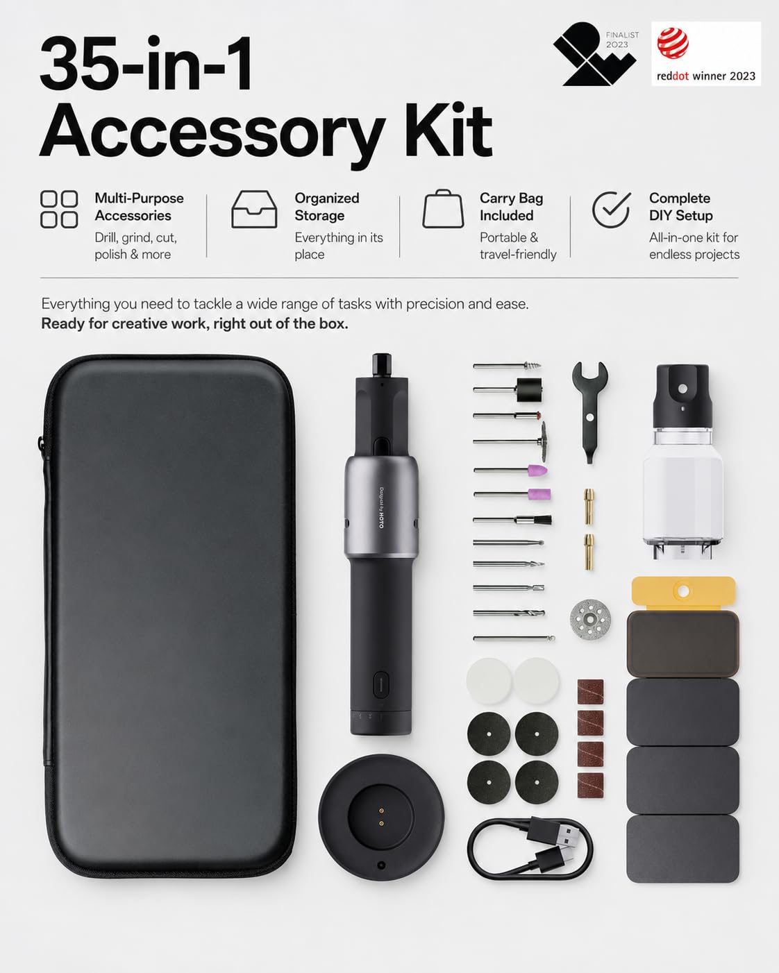 HOTO Cordless Rotary Tool Kit, 5-Speed for 3D Printer Sanding & DIY – full view