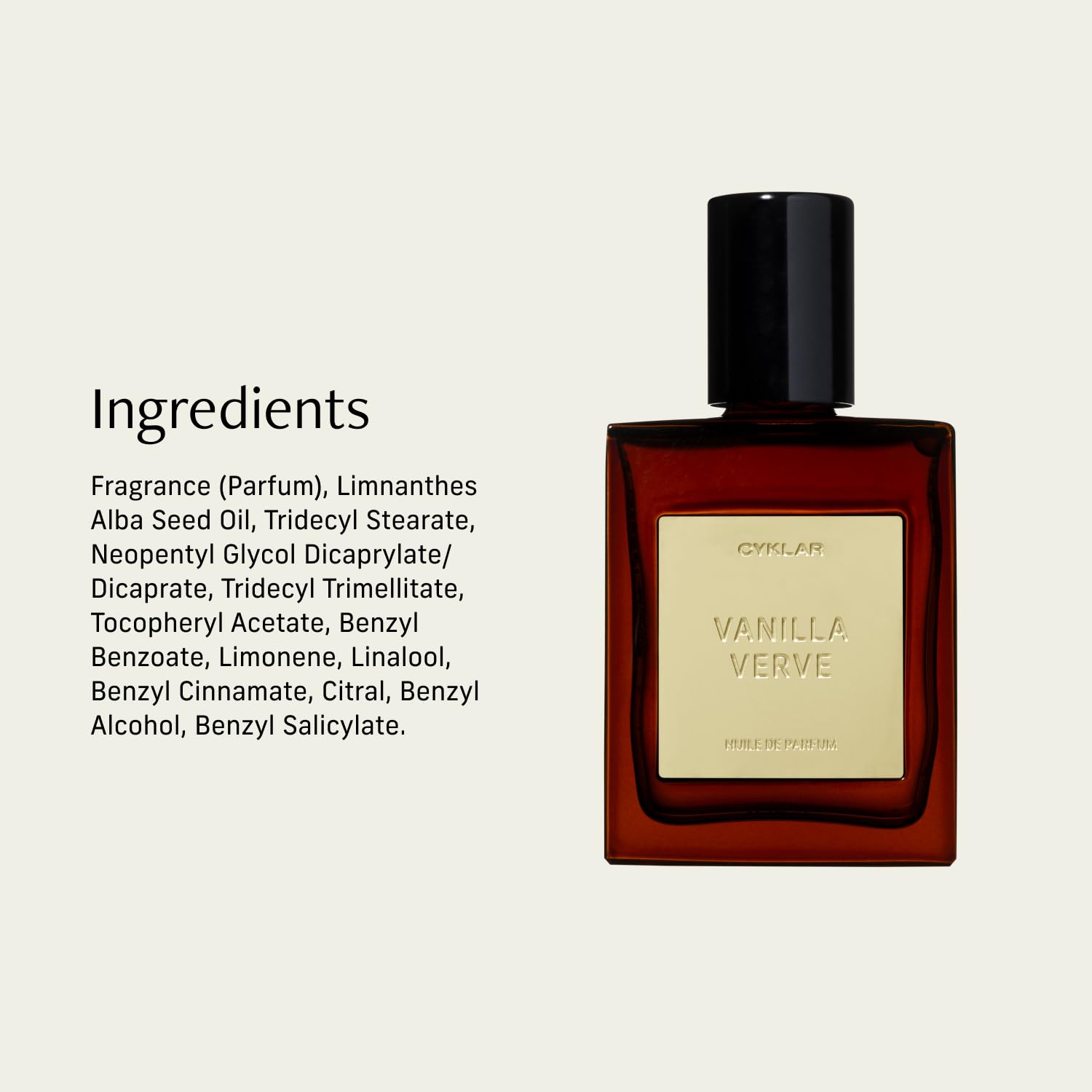 CYKLAR Vanilla Verve perfume oil roll-on, 15ml, personal fragrance with a vanilla-scented aroma, in a sleek glass bottle.
