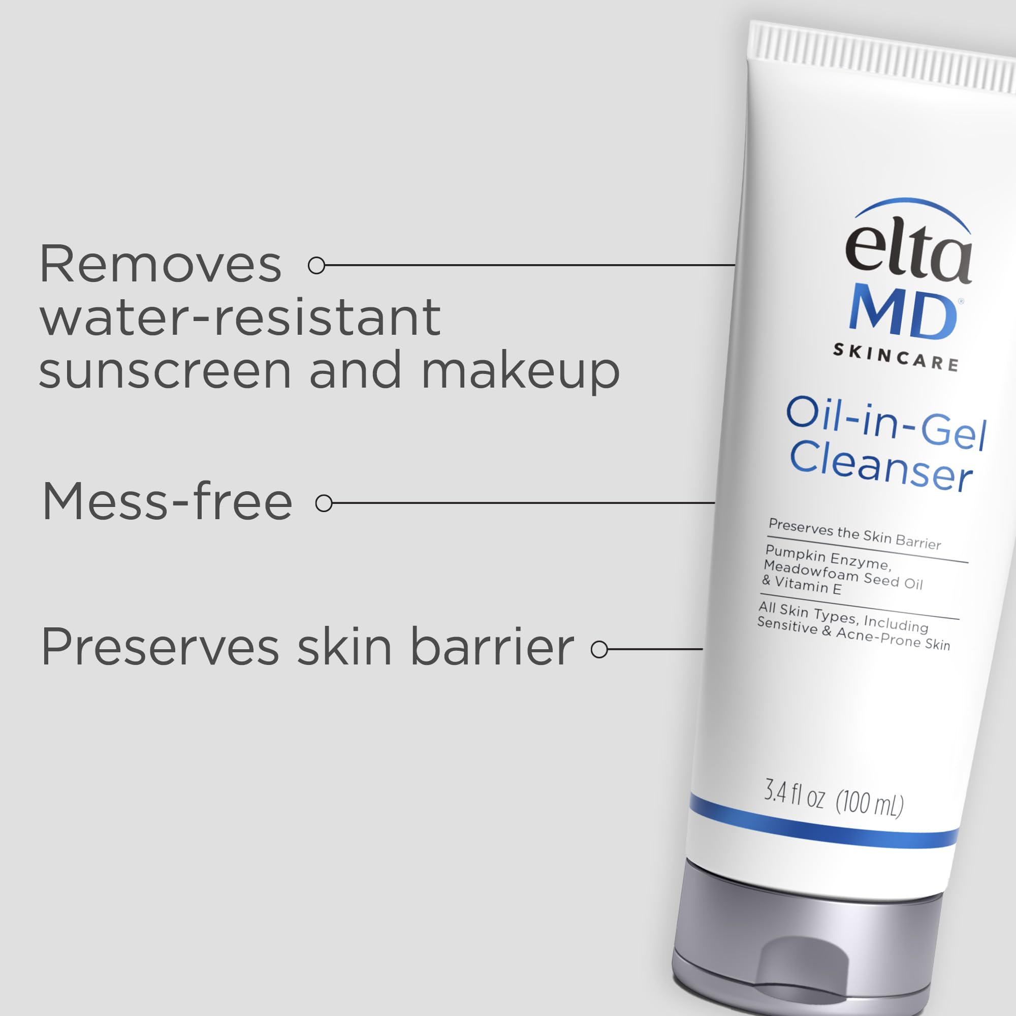 EltaMD Oil-In-Gel Face Cleanser for gentle makeup removal, 3.4oz, skincare product with a gel texture and cleansing properties.