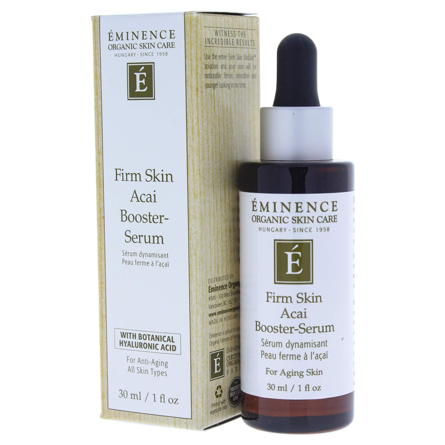 Eminence Firm Skin Acai Booster Serum in 1 oz bottle, a skincare serum for firm and revitalized skin, unisex use.