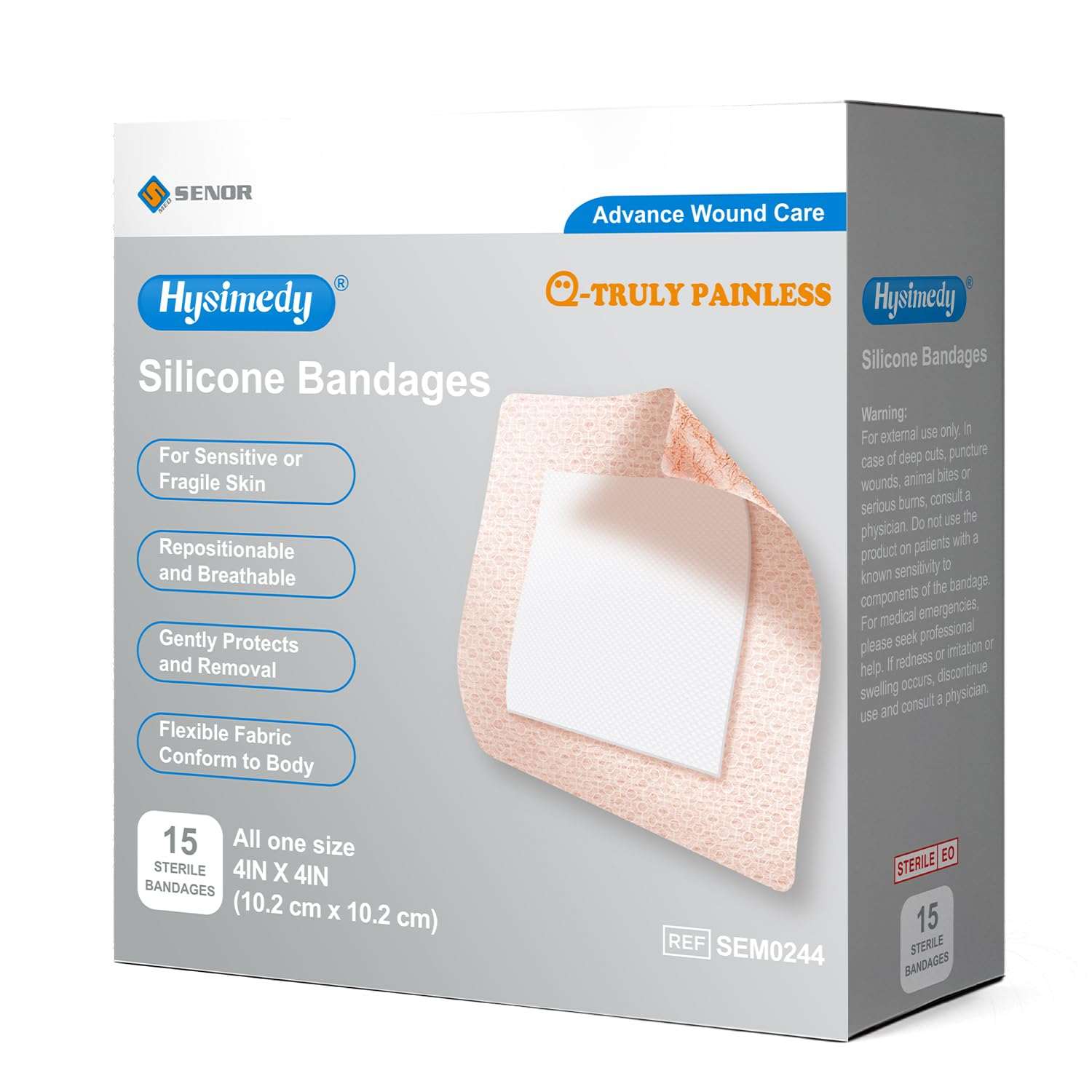 Hysimedy silicone bandages for sensitive skin, 4x4 inch wound dressings, 15-count pack, with soft, flexible adhesive for gentle protection