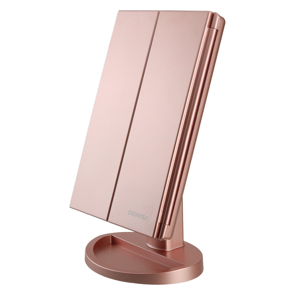 deweisn Dresser Mount Tri-Fold Lighted Vanity Mirror with 21 LED Lights, Touch Screen and 3X/2X/1X Magnification, Two Po