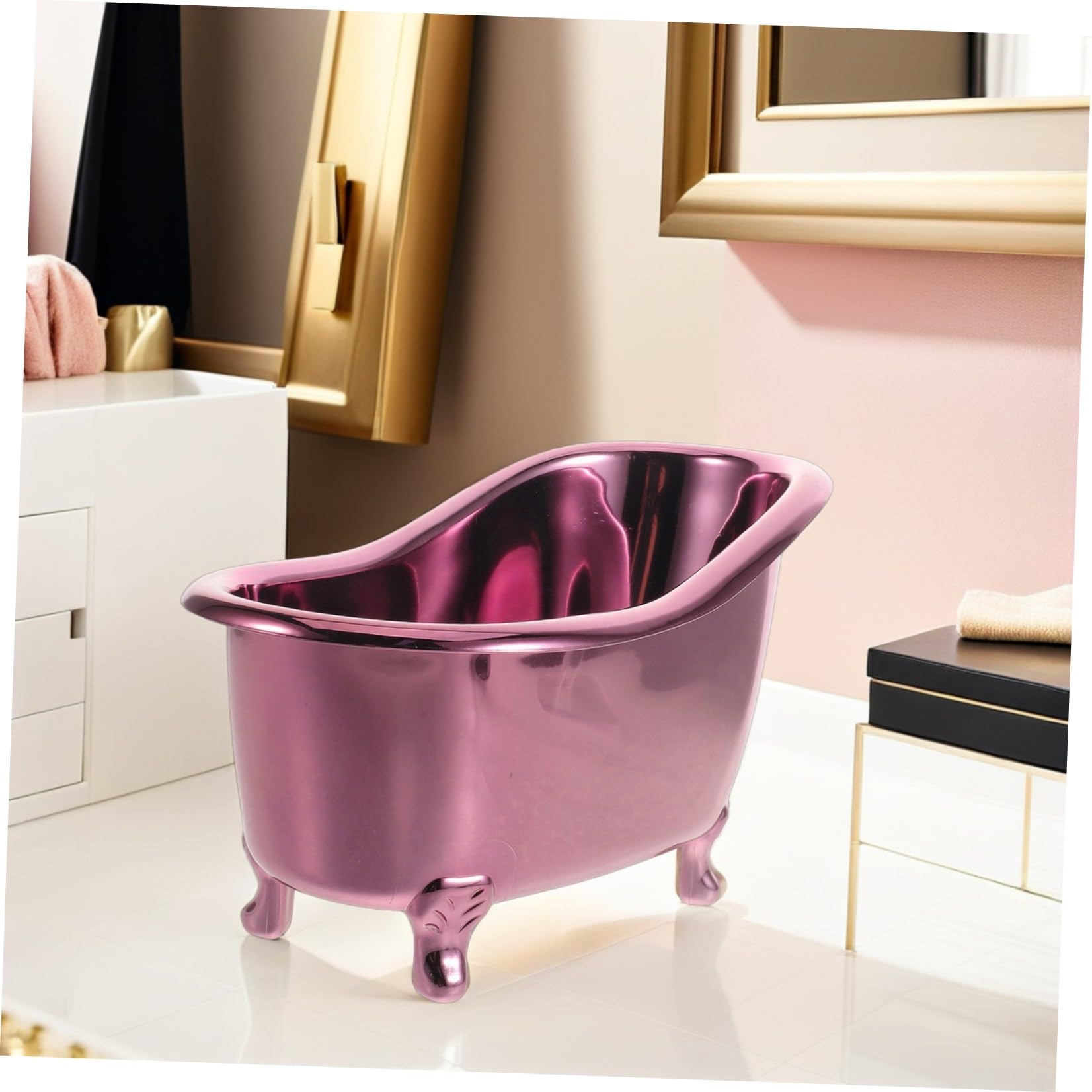 ULTECHNOVO mini metal purple bathtub-shaped cosmetic storage caddy with compartments for skincare and nail polish on a bathroom counter
