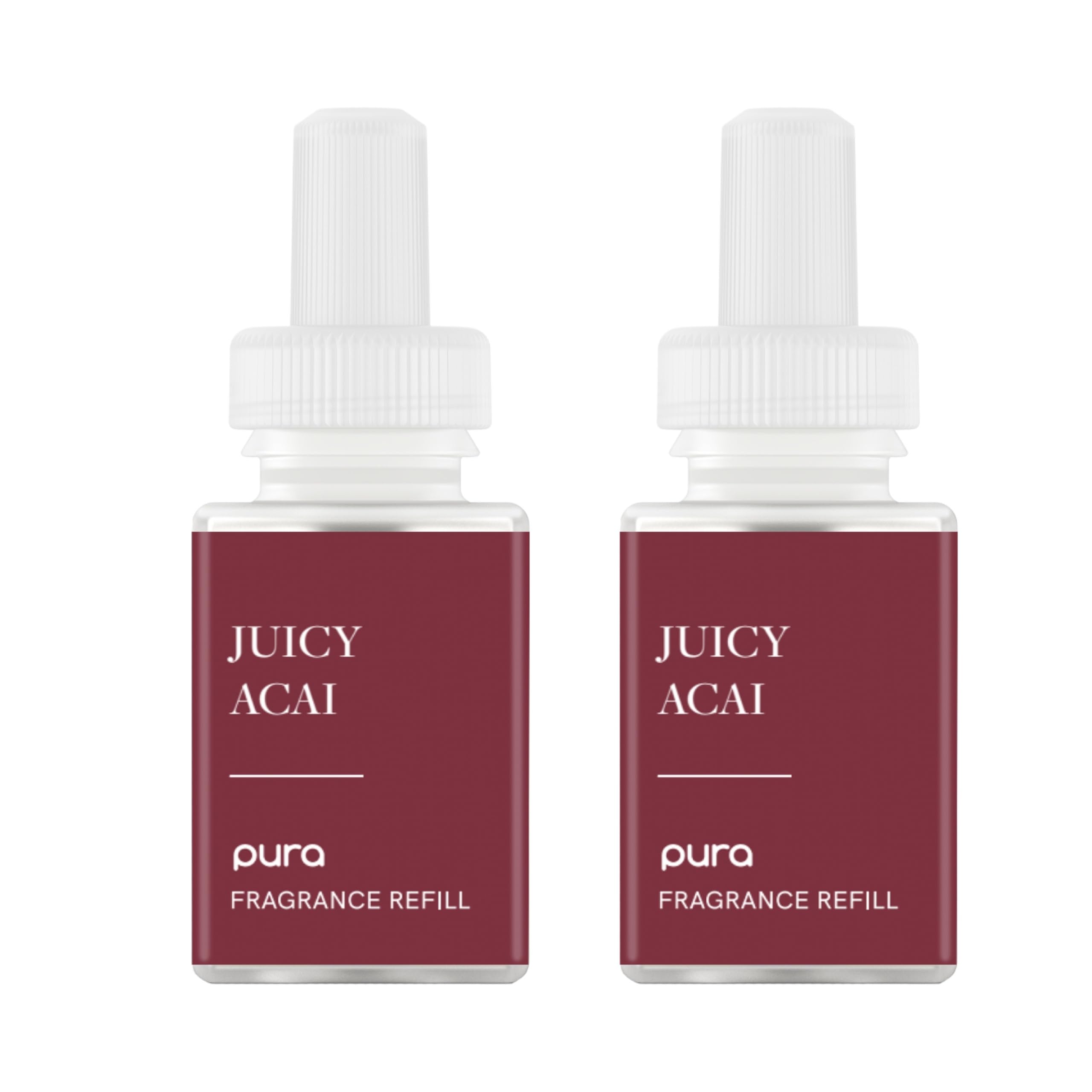 Pura Malodor Scent Refill Juicy Acai diffuser, 2-pack, area deodorizer with vibrant purple liquid and diffuser cap.