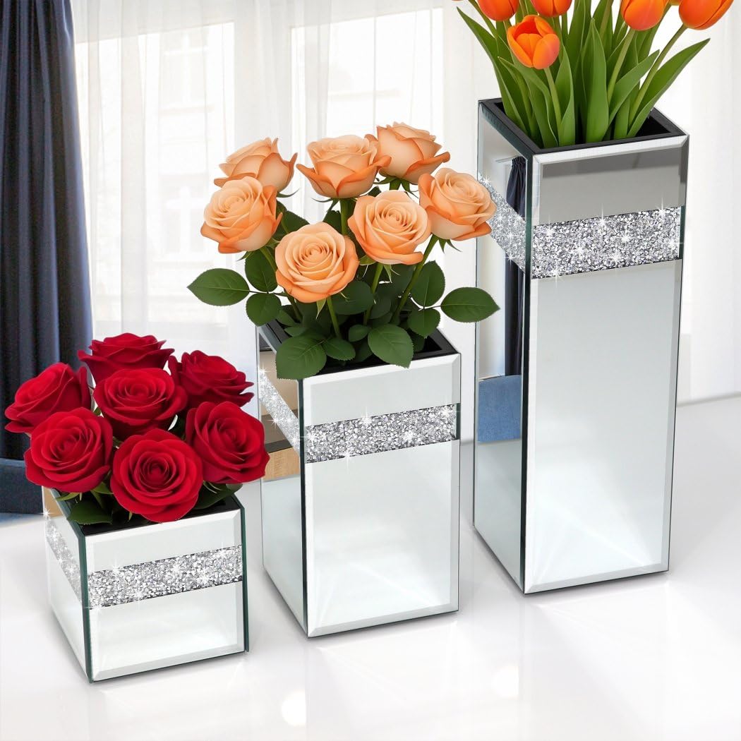 ALLARTONLY Crushed Diamond Mirrored Vase Pack of 3 Pieces Small Middle Large. Crystal Silver Mirror Glass Stunning Decor