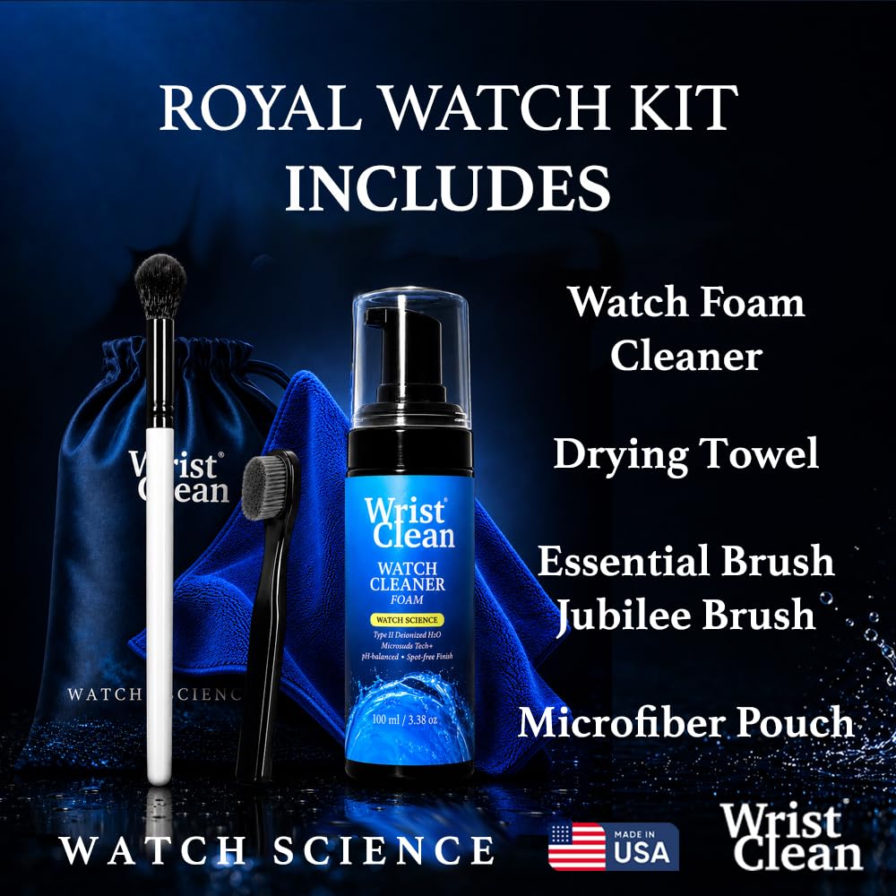 WristClean Royal Watch Cleaning Kit | (1x) Watch Cleaner Foam 100ML, (1x) Large Drying Towel, (2x) Non-scratch Brushes, 