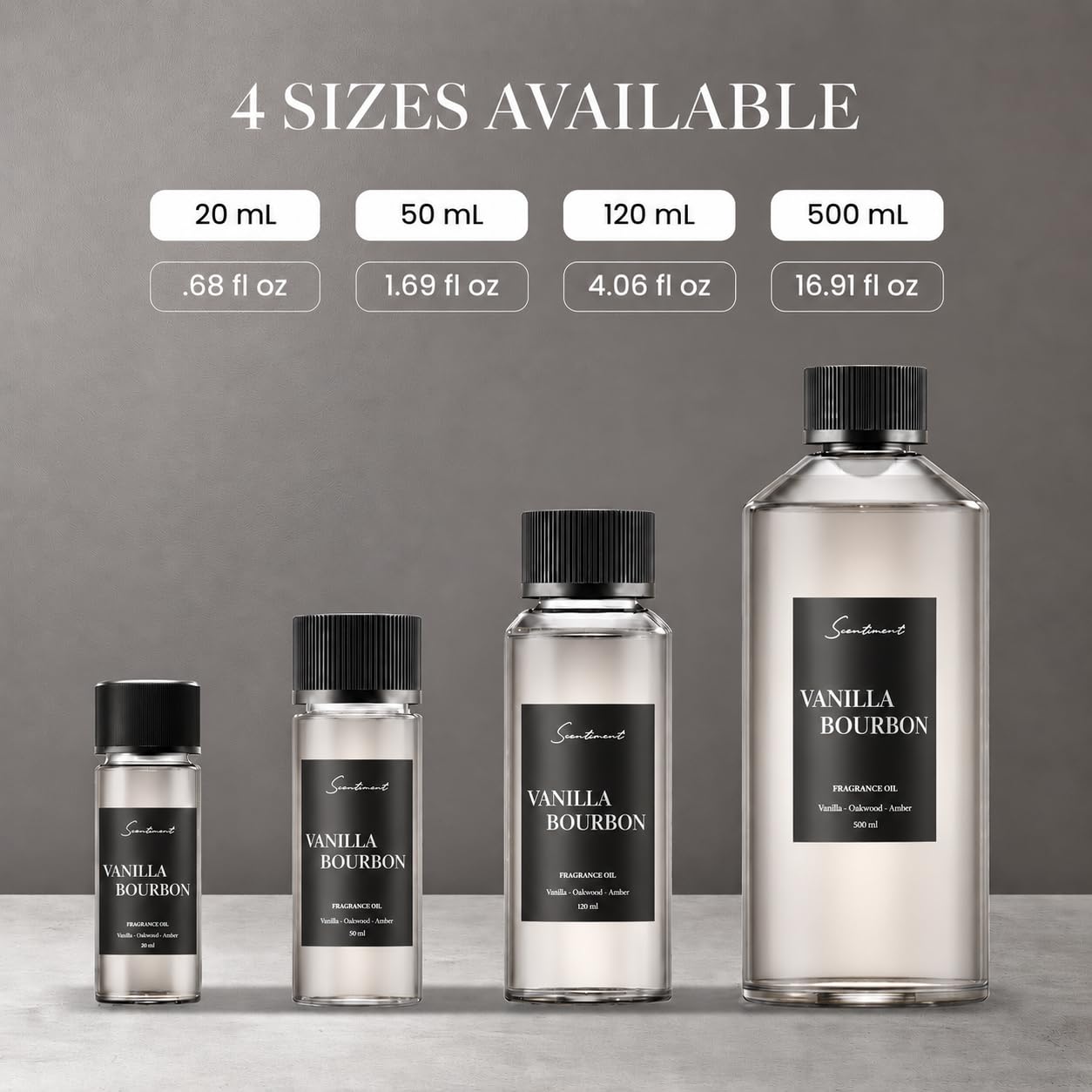 Scentiment Vanilla Bourbon hotel diffuser oil in a 20ml bottle, showcasing the essential oil with a warm vanilla and bourbon scent