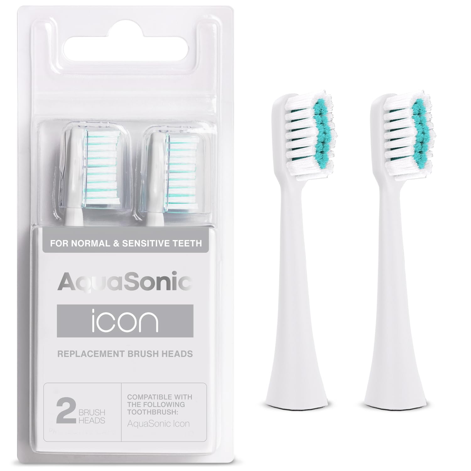 Two AquaSonic Genuine Icon replacement toothbrush heads for normal and sensitive teeth, compatible with AquaSonic Icon toothbrush.