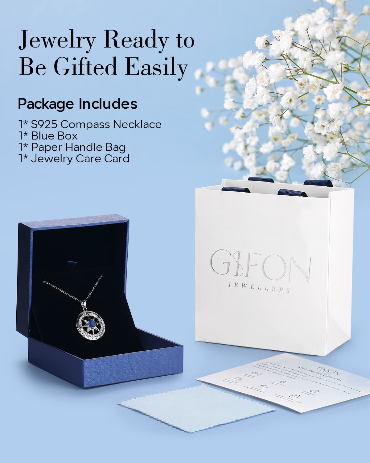 Gifon Compass Necklace Women, Gifts Anniversary Wife, 925 Silver Love Jewelry Her – back view and specifications