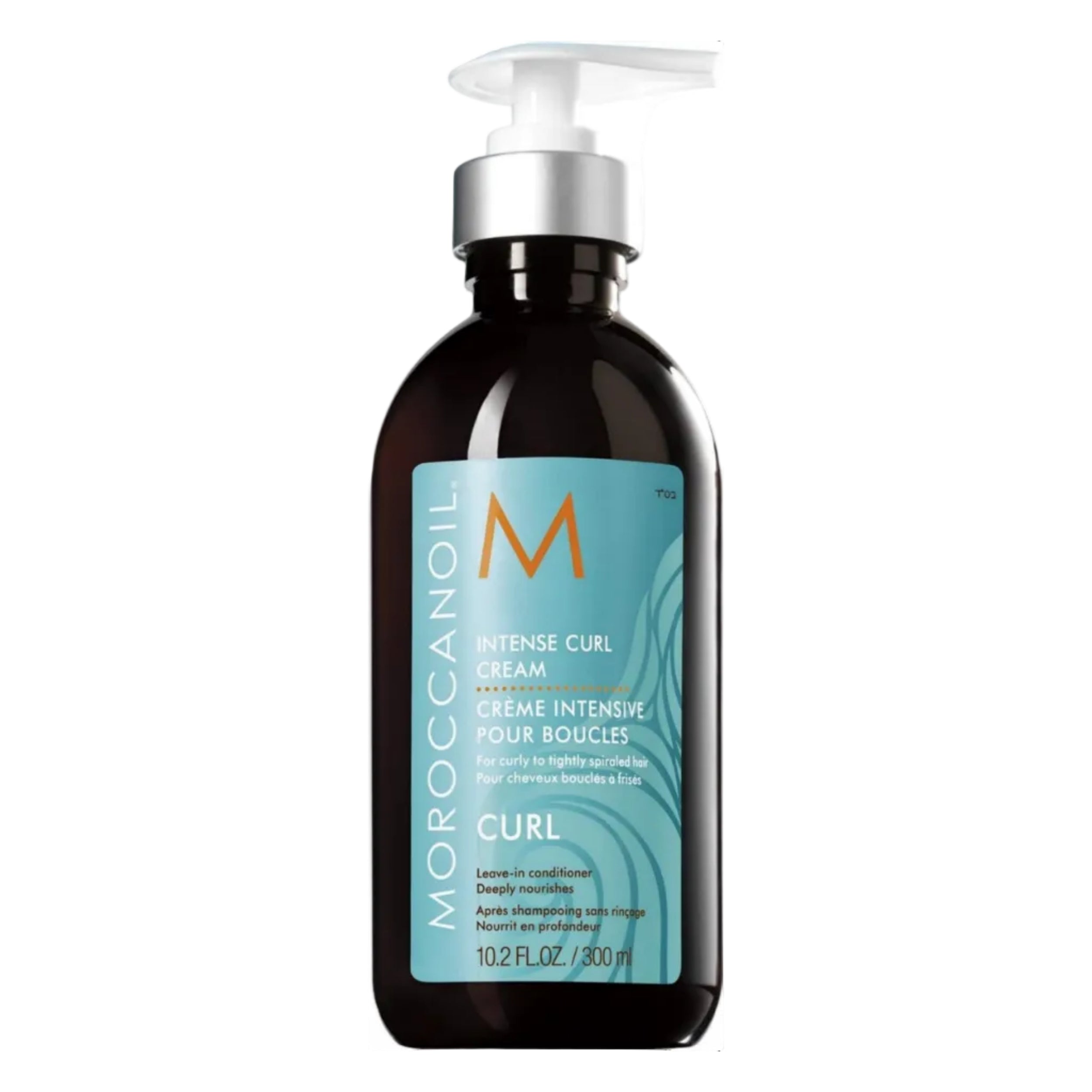Moroccanoil Intense Curl Cream in a dark amber bottle with a silver pump dispenser and a light blue label.