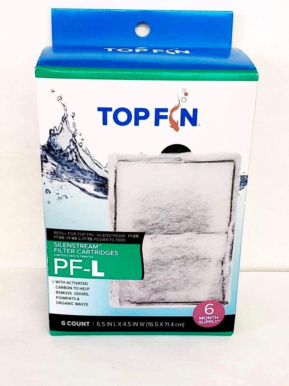Top Fin Silenstream Large PF-L Filter Cartridges Refill for PF30, PF40 and PF75 Power Filters 6.5in x 4.5in - (6 Count) 
