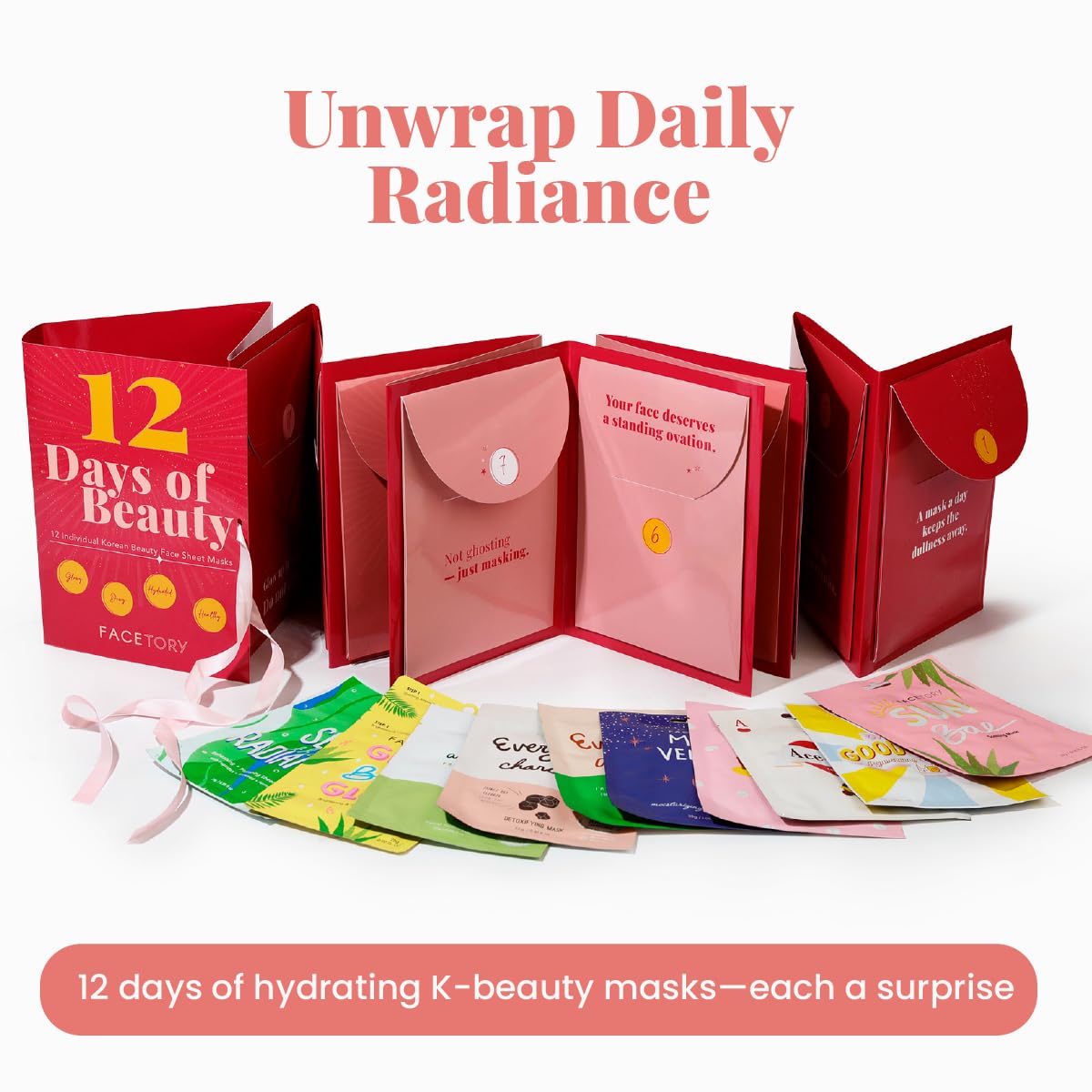 FACETORY 12-Day Korean Face Mask Gift Set, Hydrating, Soothing & Glowing – back view and specifications