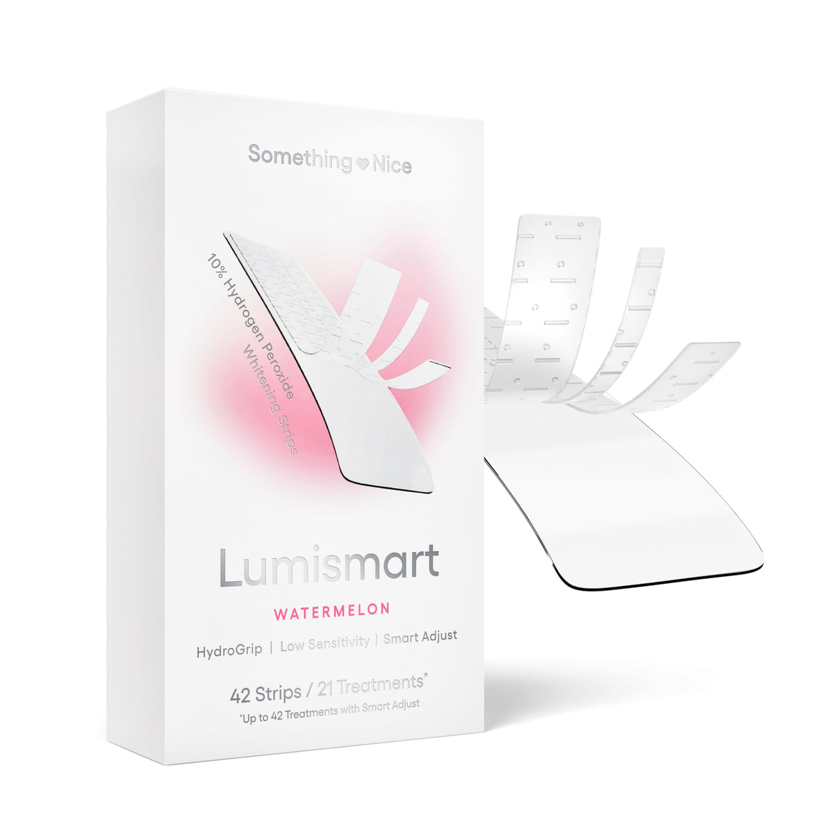 Something Nice Lumismart Whitening Strips shown on teeth, featuring clear strips designed for at-home teeth whitening.
