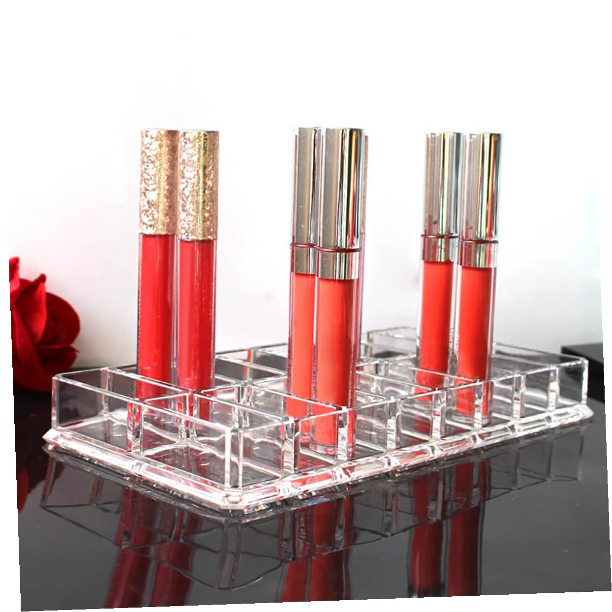 TEHAUX acrylic makeup display case with 16-grid double-row compact powder organizer for beauty care and vanity storage.