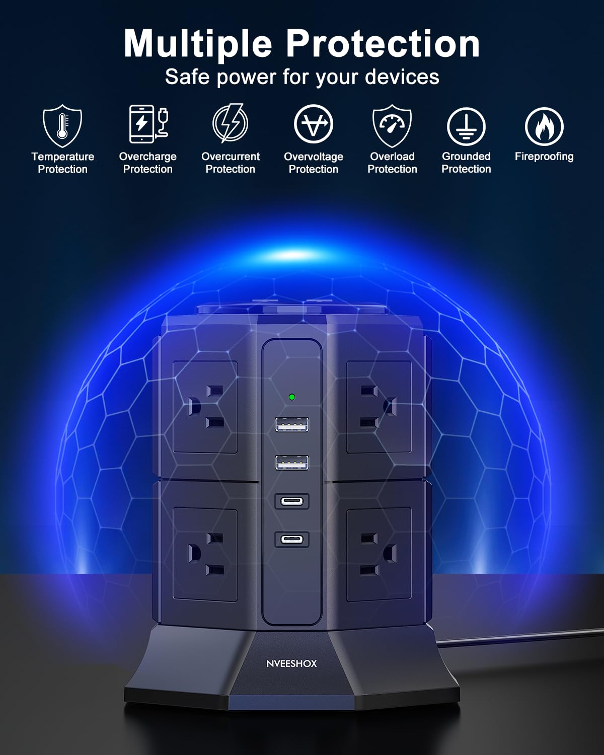 NVEESHOX Surge Protector Power Strip Tower, Flat Plug Power Strip with 8 AC Outlets 4 USB Ports(20W PD Type C), 6.5 FT U
