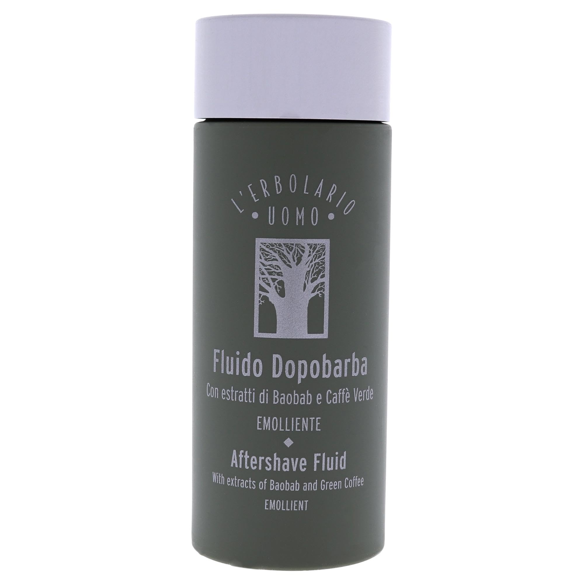 L'Erbolario Baobab and Green Coffee aftershave fluid for men, 4.05 oz, soothing redness and dryness with a fresh scent.