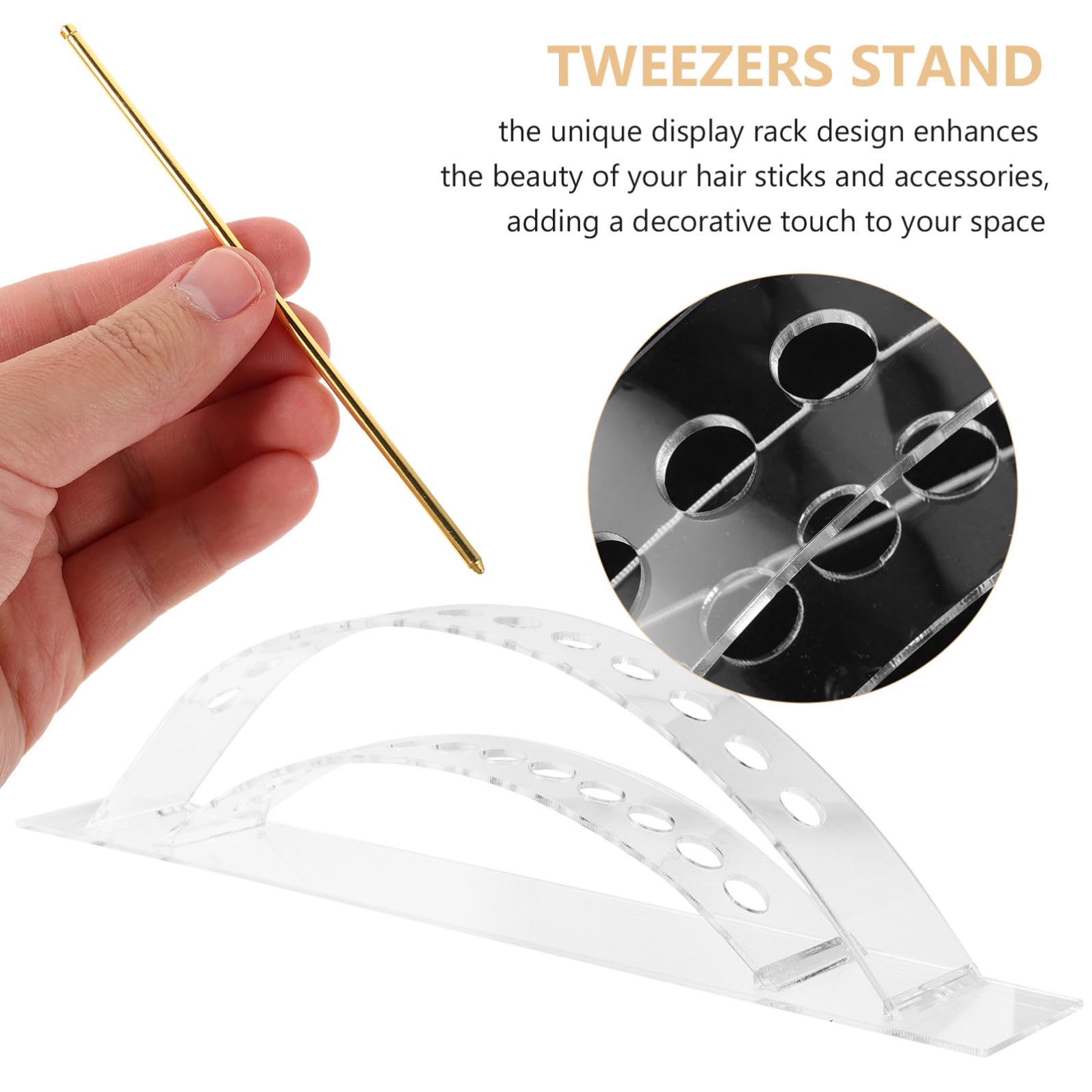 SHINEOFI acrylic hair stick organizer with 12 arched holes for hairpins, ideal for home or travel hair accessory storage.