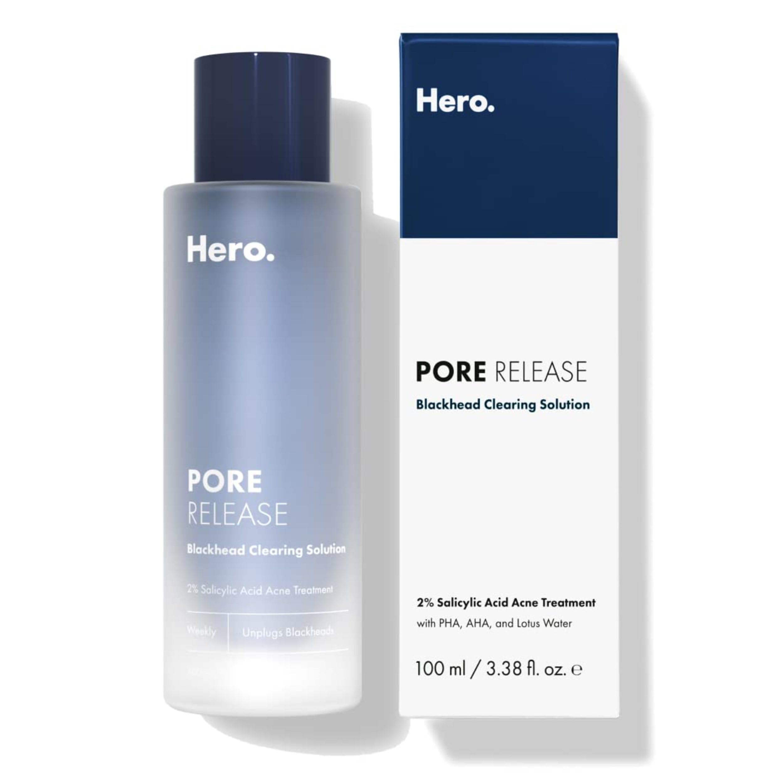 Hero Cosmetics Pore Release blackhead clearing solution in 3.38 fl oz bottle, featuring a clear liquid astringent for pore cleansing.
