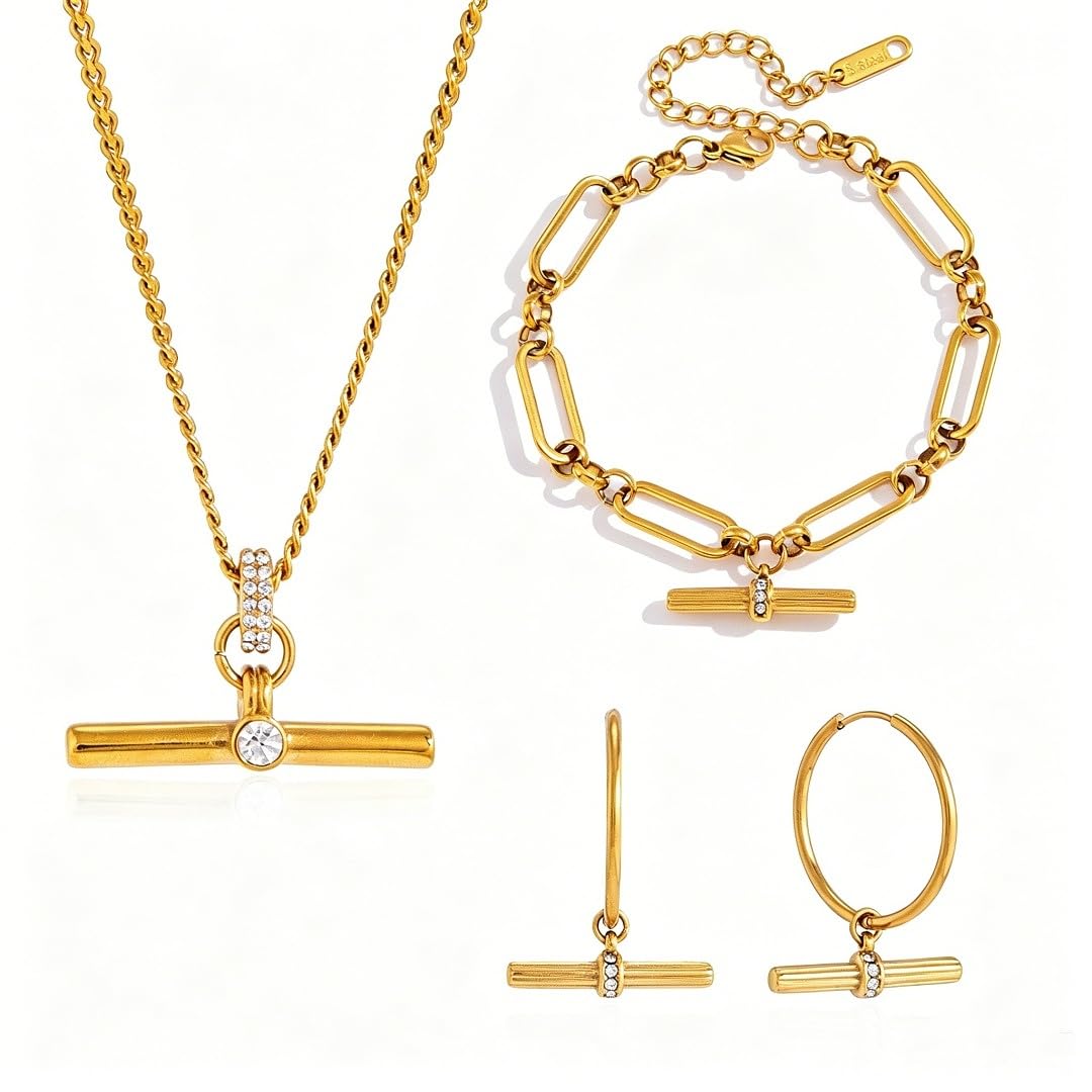 DuvvcDD Gold Heart Pendant t bar set for Women, Waterproof Stainless Steel – product photo (Jewelry Sets)